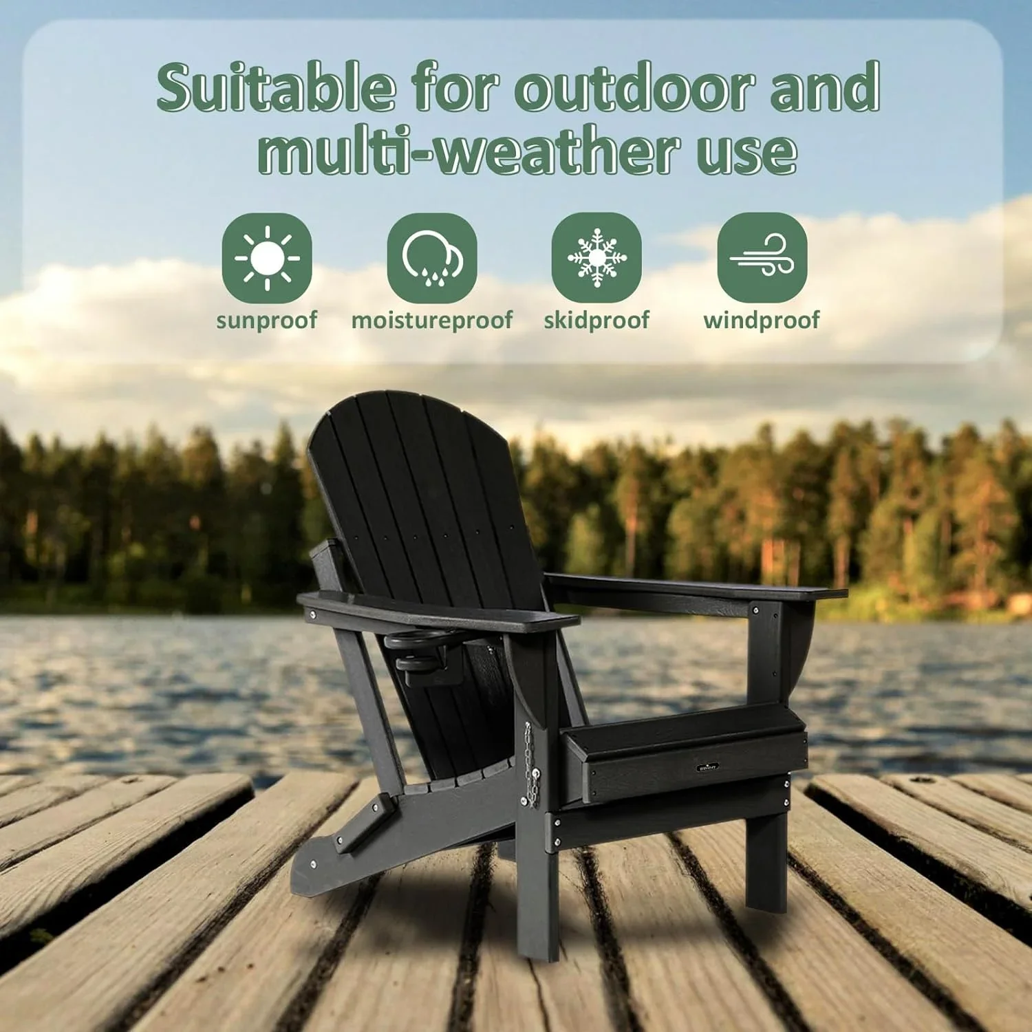 Withniture Folding Adirondack Chairs with Cup Holder, HDPE Adirondack Wood Textured Chairs for Terrace, Lawn, Garden, Backyard Deck(Black)