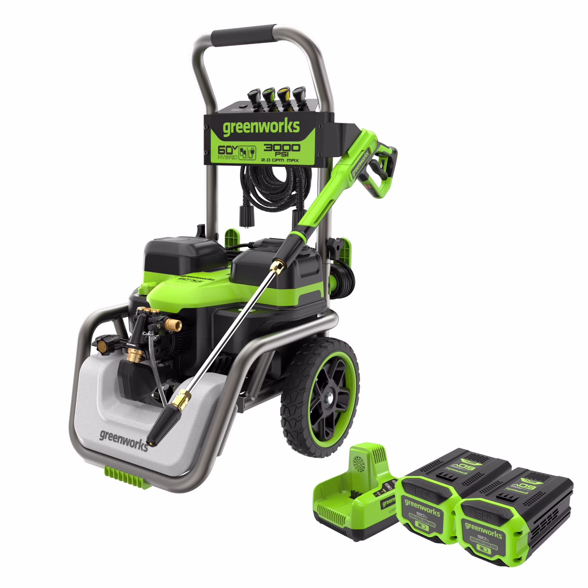 Greenworks Hybrid 60V 3000 MAX PSI at 2.0 GPM MAX Electric Pressure Washer + (2) 5.0ah Batteries & Dual - Port Charger 5128202