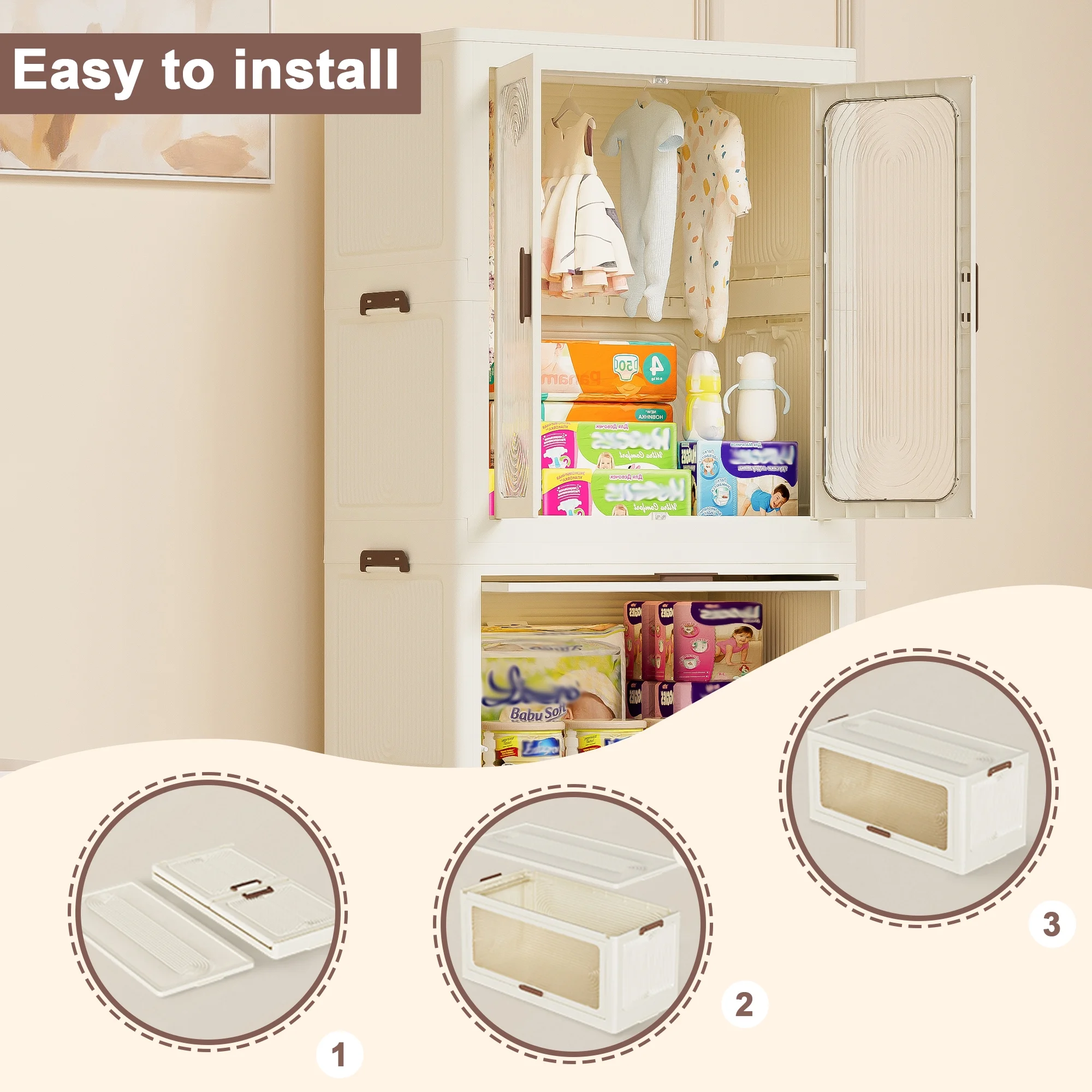 Kids Portable Wardrobe w/ Magnetic Doors Hanging Rod 4-Cube Plastic Storage Cabinet,Nursery/Bedroom(4 Cubes) - Image 10