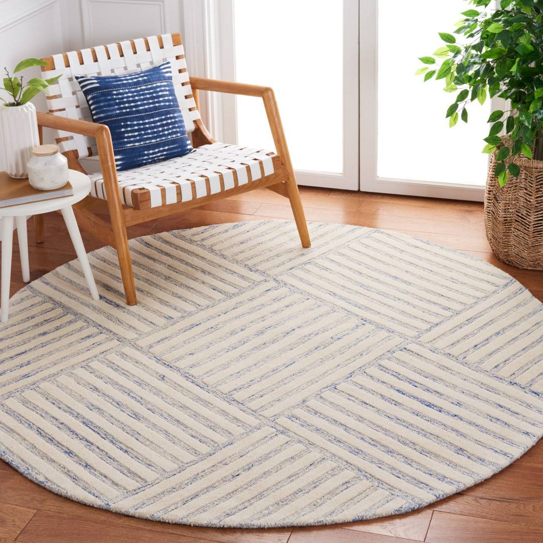 Birch Lane Asgari Striped Handmade Tufted Wool Area Rug in Blue / Ivory Rug Size: Round 6'