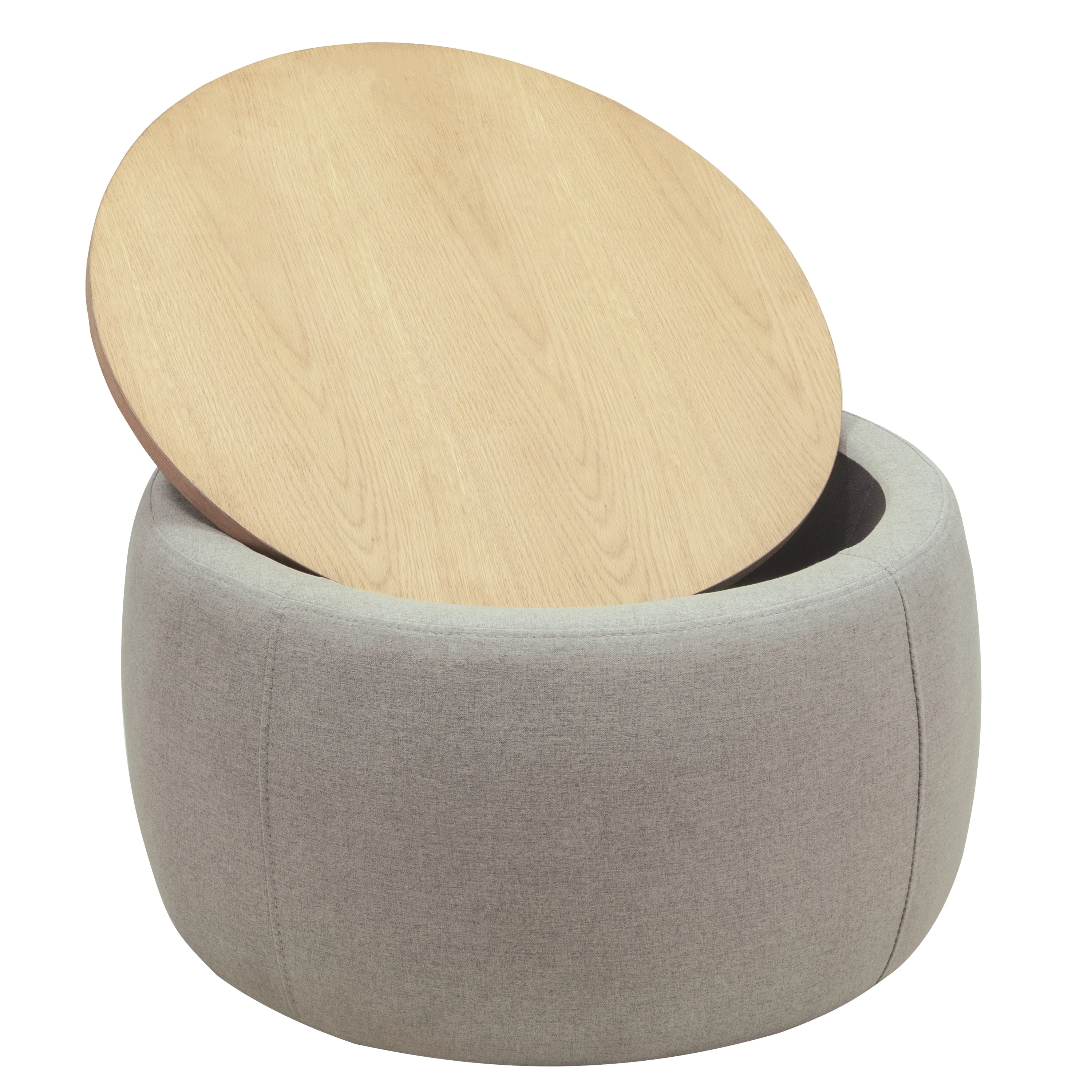Btmwayround Coffee Table, 2 in 1 Round Storage Ottoman with Reversible Lid Tray, Upholstered Round Storage Ottoman Coffee Table with Storage, Footstool End Table for Living Room, Bedroom, Light Gray