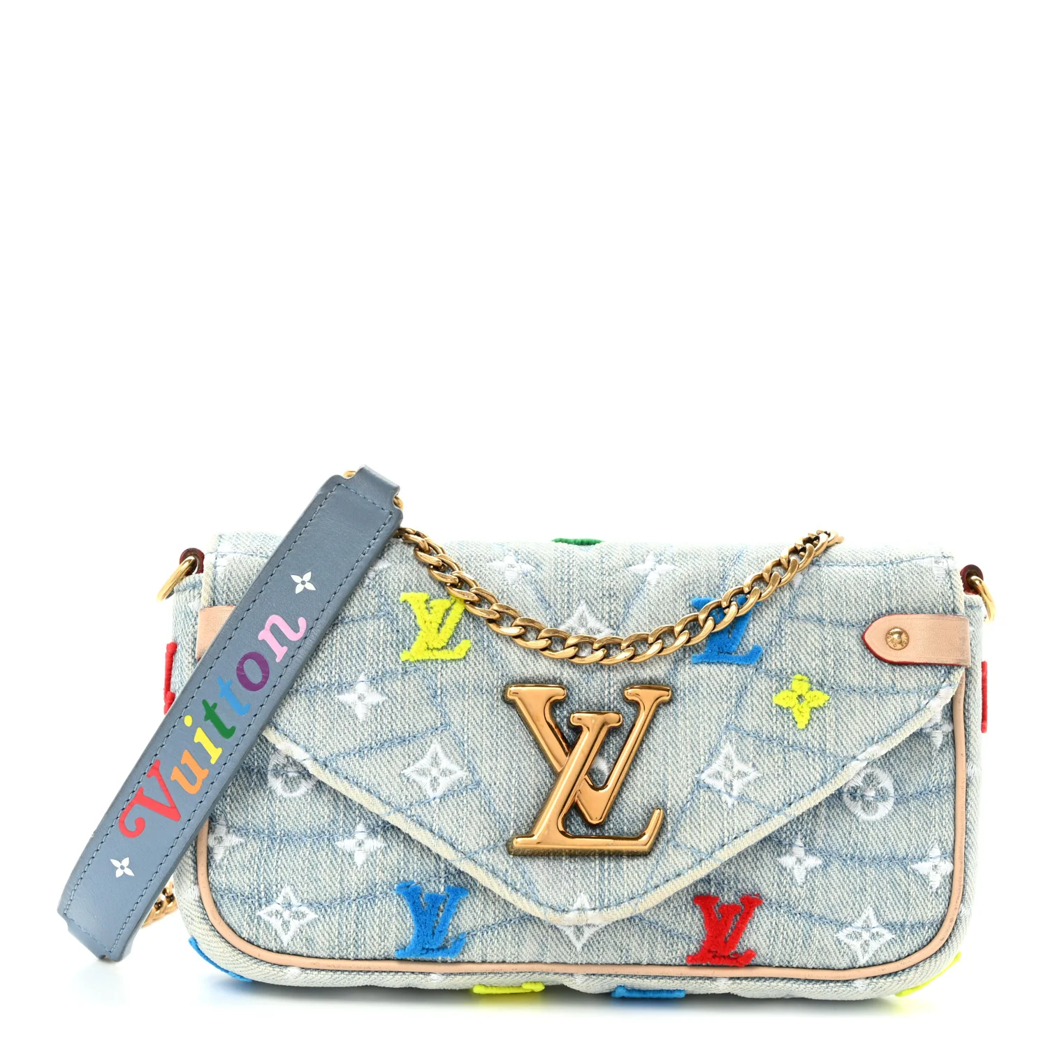 Embroidered Monogram Denim New Wave Chain Pochette Blue