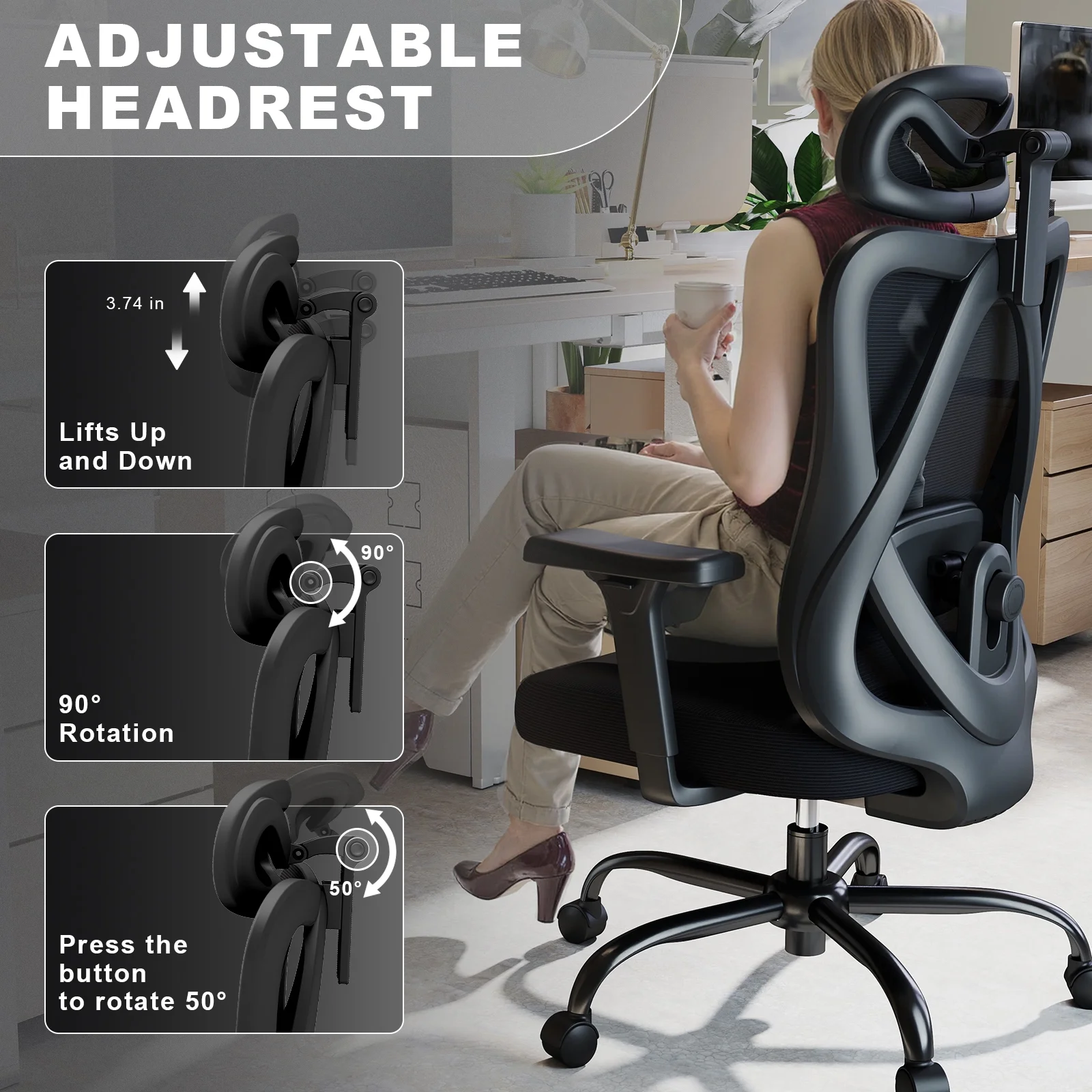 Ergonomic Mesh Office Chair with Adjustable Headrest, Lumbar Support, and 3D Armrests Highback Swivel Task Chair Home(Black)