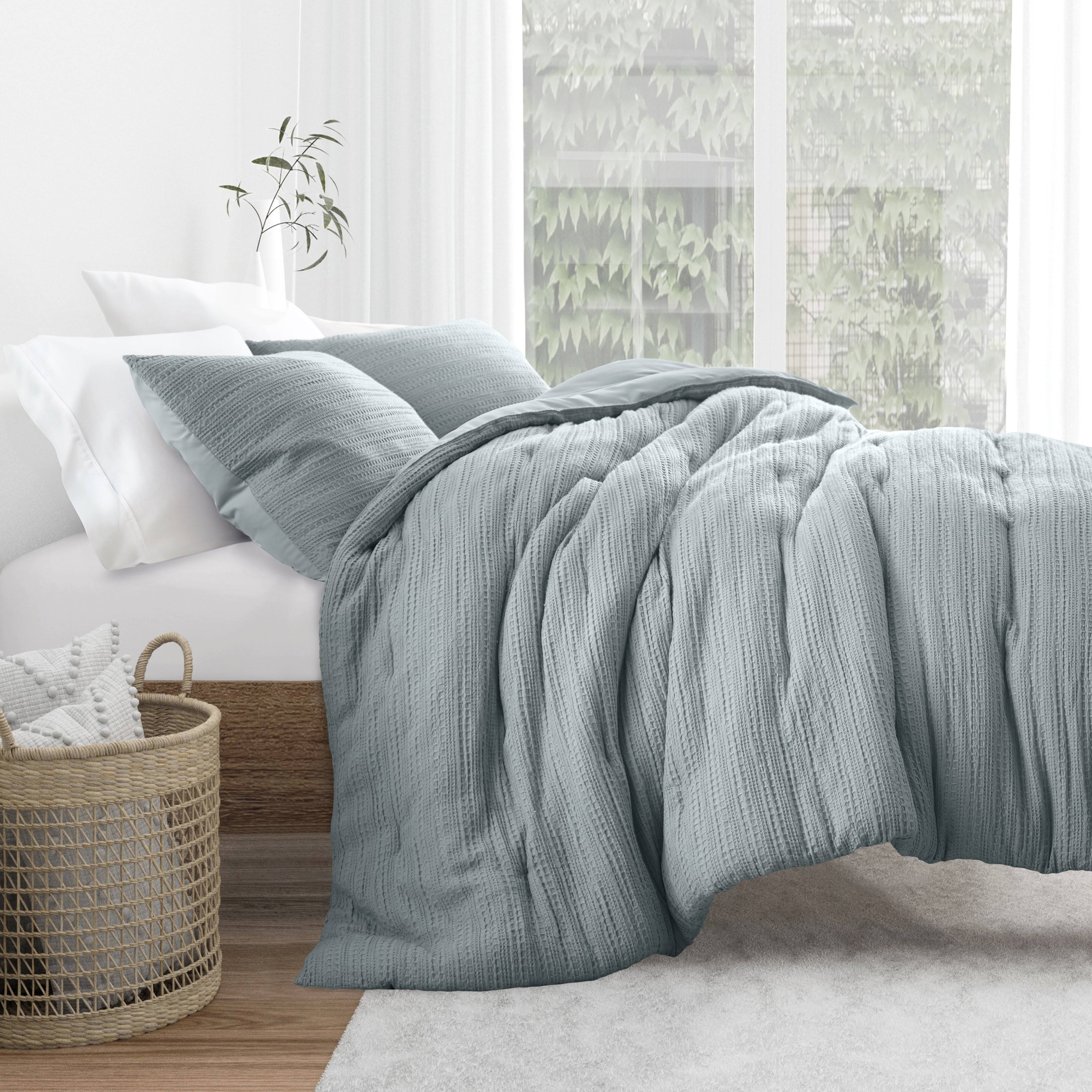 ienjoy Home Waffle Textured 3 Piece Comforter Set All Season Down-Alternative Ultra Soft Bedding - Light Blue - Queen