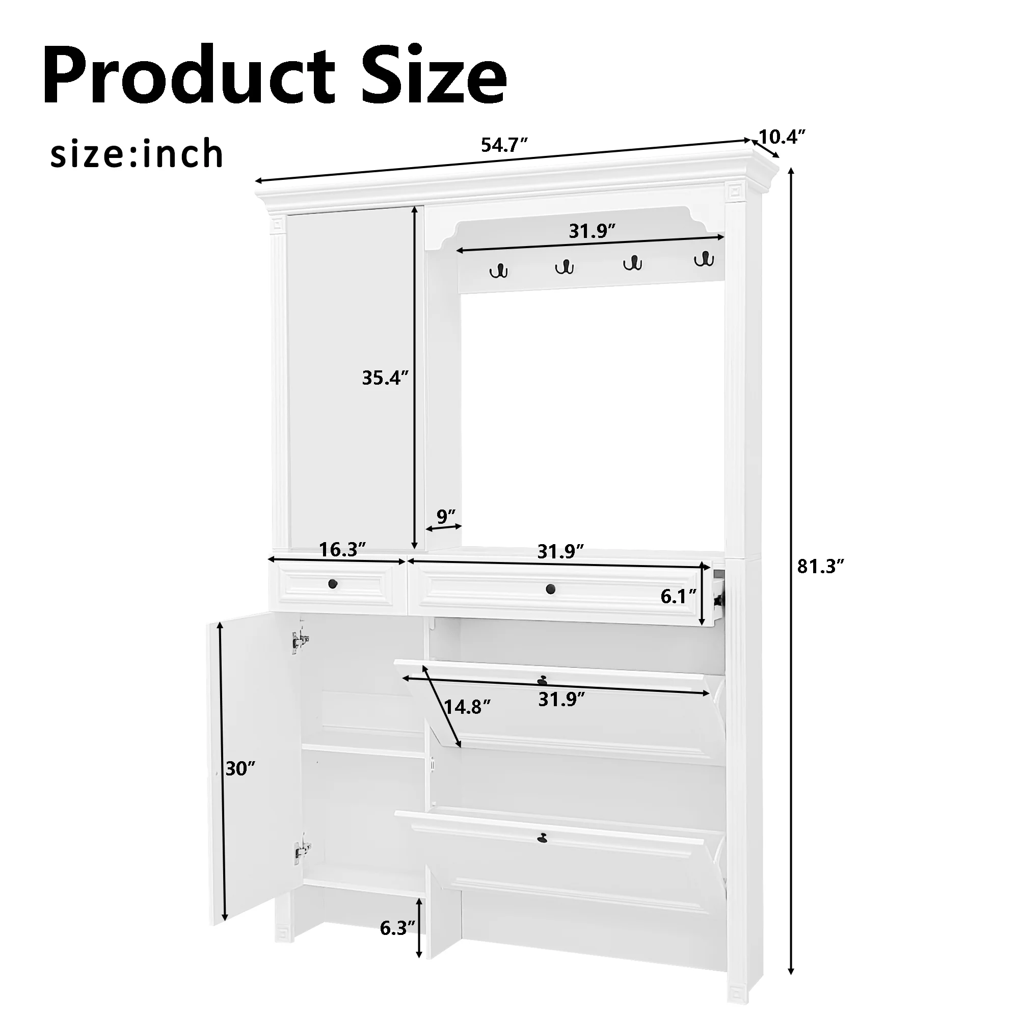 Entryway Bench with Coat Rack,4-in-1 Design Hall Tree with 2 Doors and 2 Drawers,Mirrored Cabinet Door,Shoe Cabinet Storage for Entryway,Living Room,White