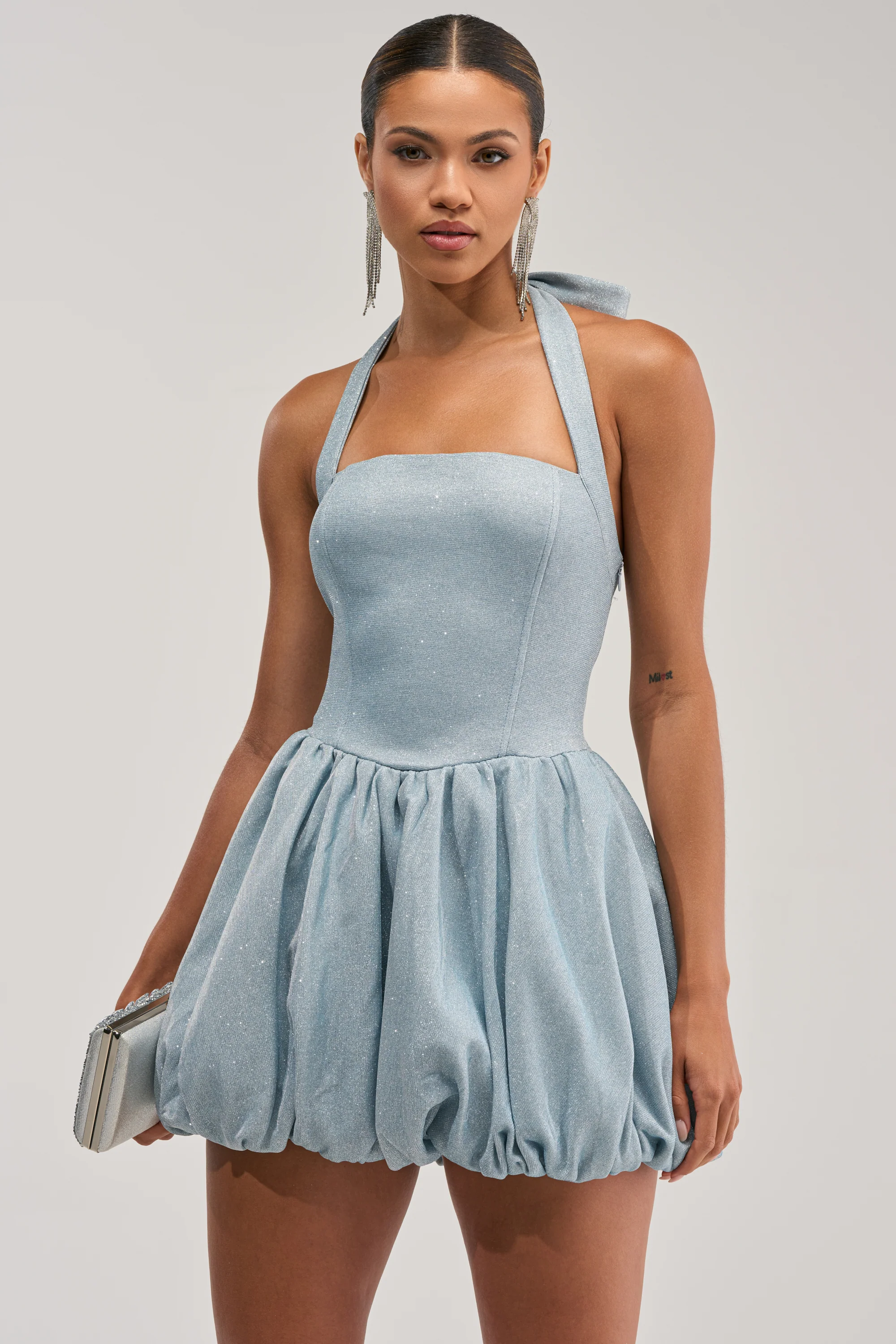 GLISTEN UP SHIMMER HALTER MINI DRESS - Akira Store