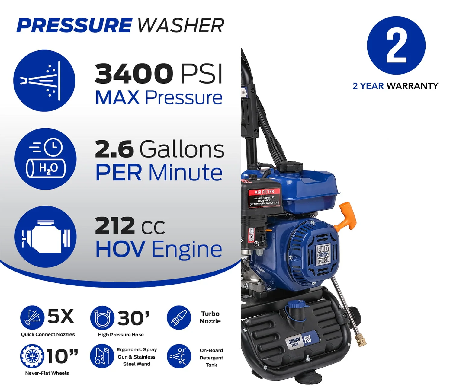 Ford Gas - Powered 3400 PSI 212cc Pressure Washer with Turbo Nozzle - CARB Compliant