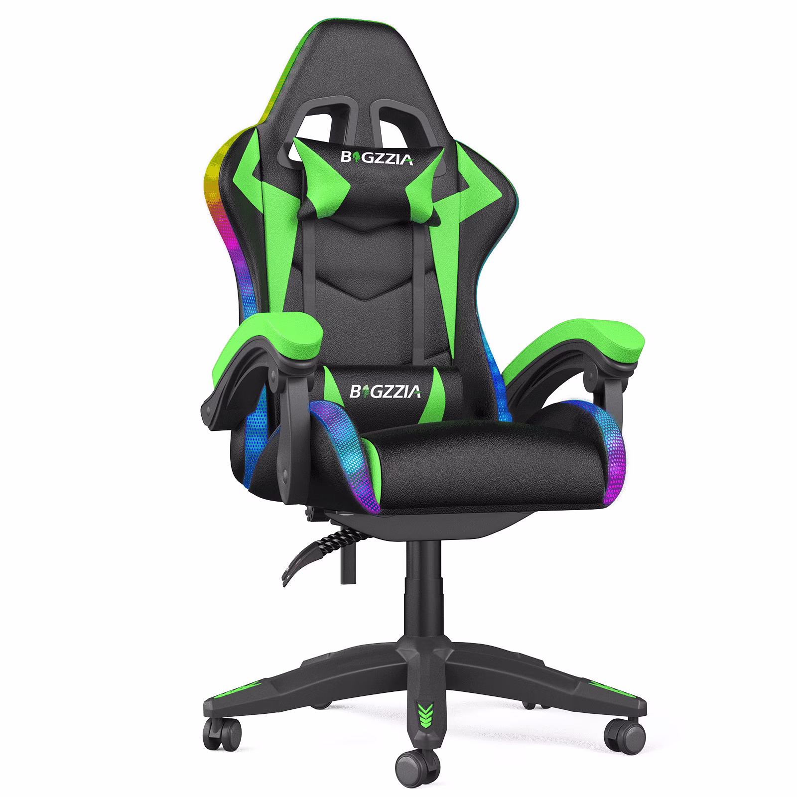 Gaming Chair with LED Lights Ergonomic Office Chair for Adults and Kids Adjustable Height, 360�� Swivel, Headrest Support, Mesh PU Leather, Black Green(Green)