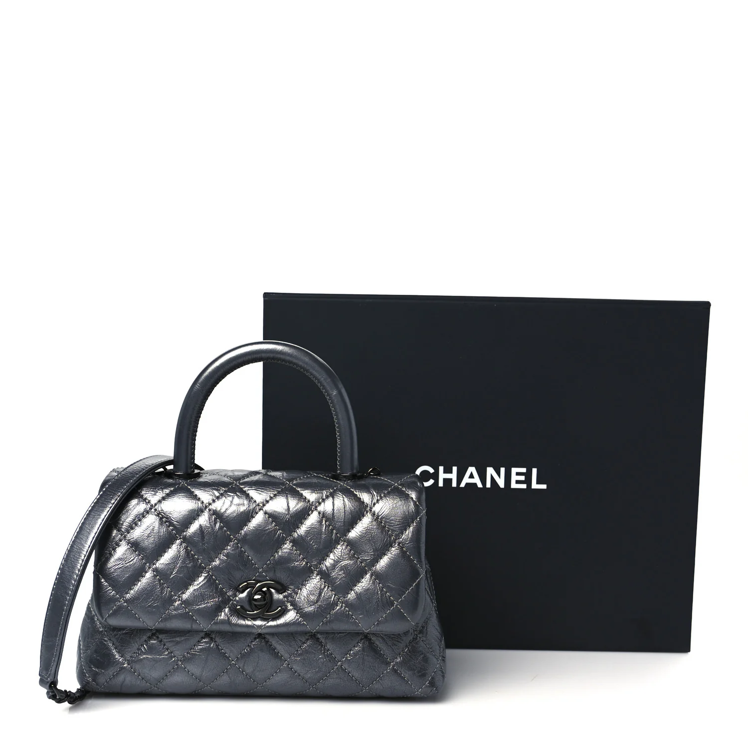 Metallic Aged Calfskin Quilted Mini Coco Handle Flap Charcoal