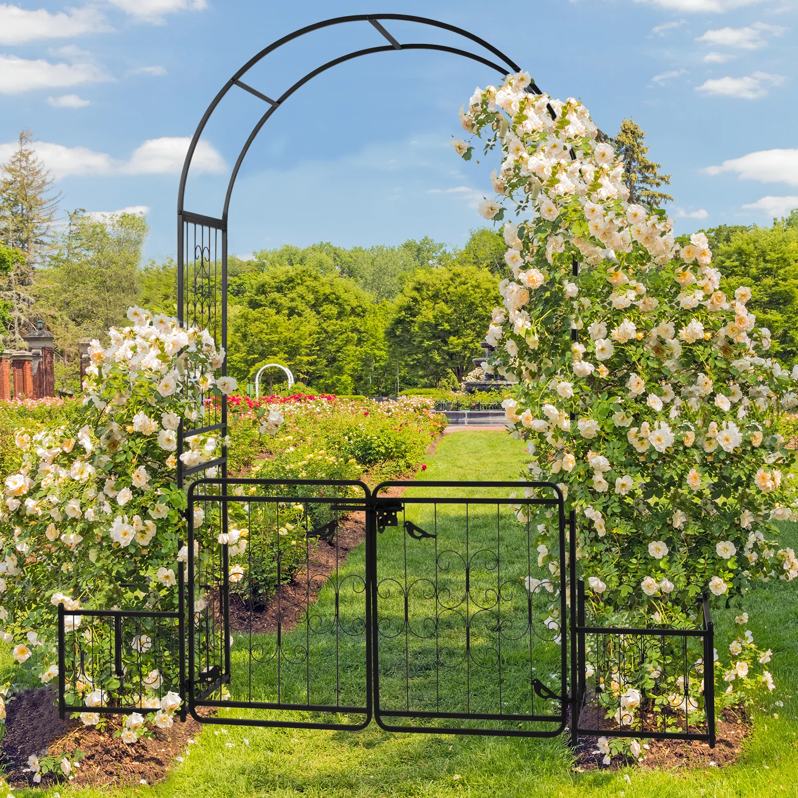 Metal Garden Arbor with Gate and Planter Box, 7.2FT Garden Trellis for Climbing Plants, Patio Wedding Party Lawn Arches Decoration, Black