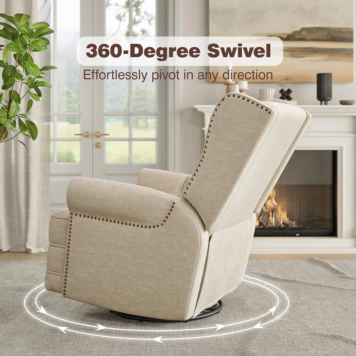 Swivel Nursery Glider Recliner, Comfy Upholstered Glider Chair with Lumbar Pillow and Footrest, Beige(Beige) - Image 6