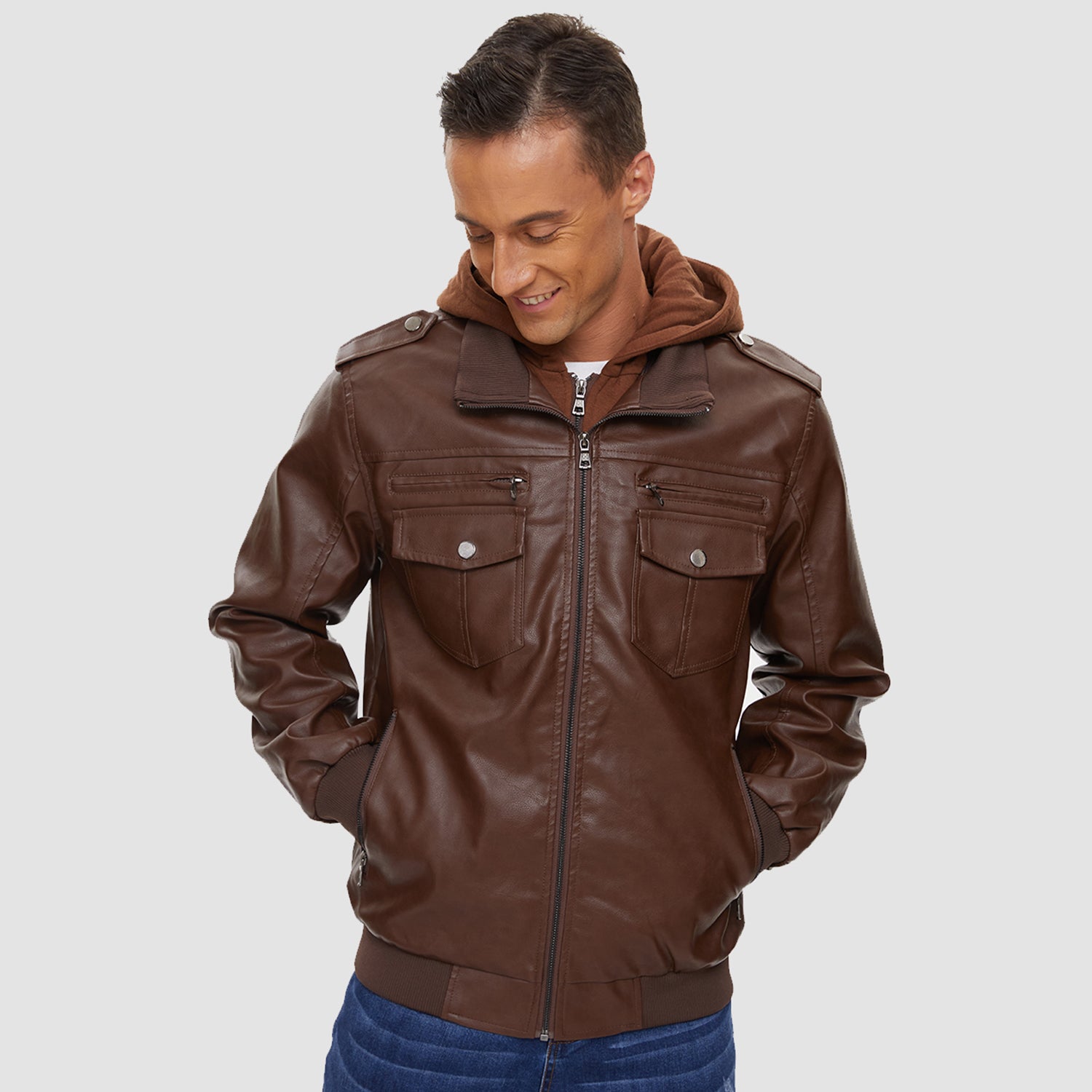 Blouson aviateur pour homme en similicuir PU avec capuche amovible, style motard