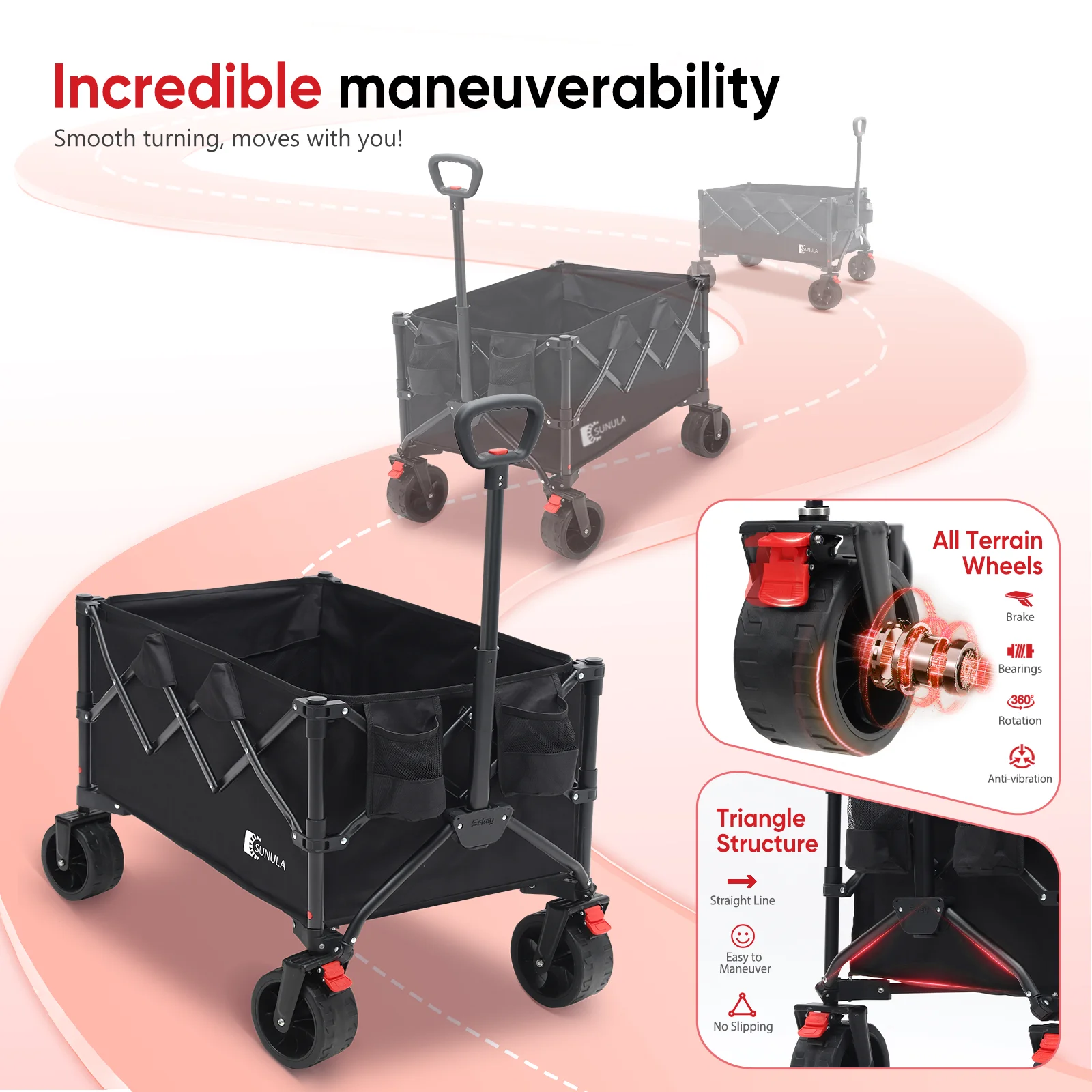 330LBS Collapsible Wagon Cart, 220L Large Capacity Foldable Wagon, Heavy Duty Folding Utility Garden Cart with All-Terrain Wheels for Camp, Beach, Sport, Shop, Grocery (Black, 1-YEAR-WARRANTY)(Black) - Image 7