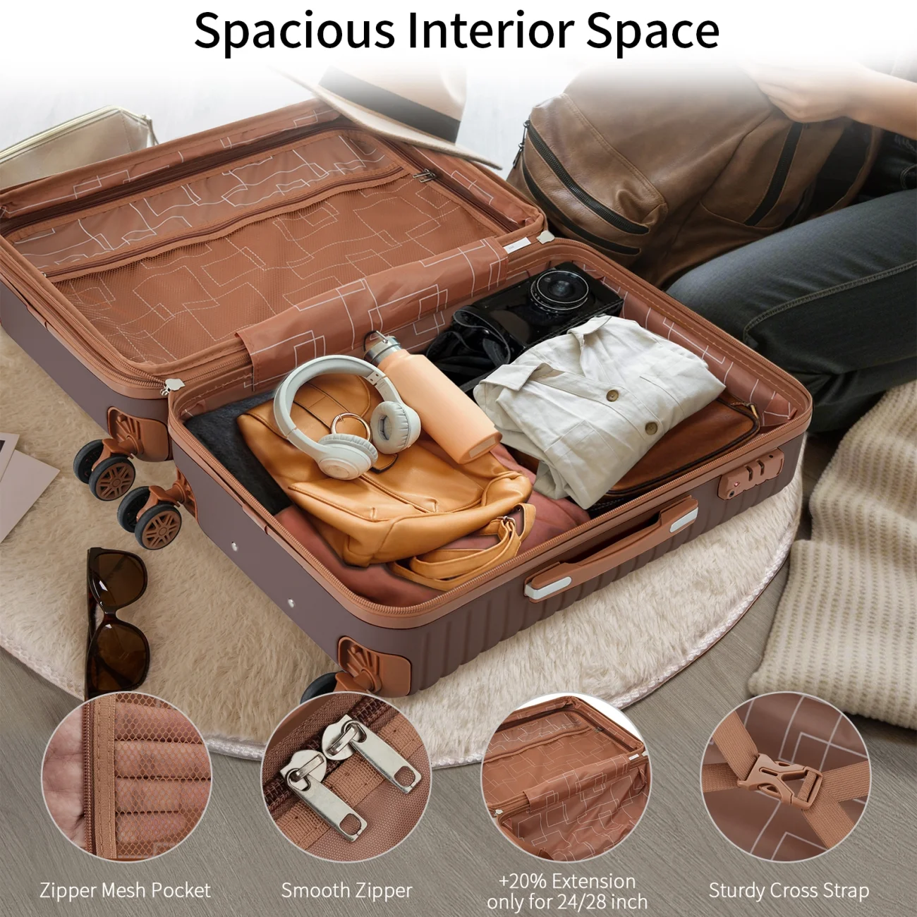 Luggage Sets,4 Piece Lightweight Suitcase Set with 4 Packing Cubes and TSA Lock, Hardshell Suitcases with Spinner Wheels, (16/20/24/28 ),Brown(Brown) Image 4