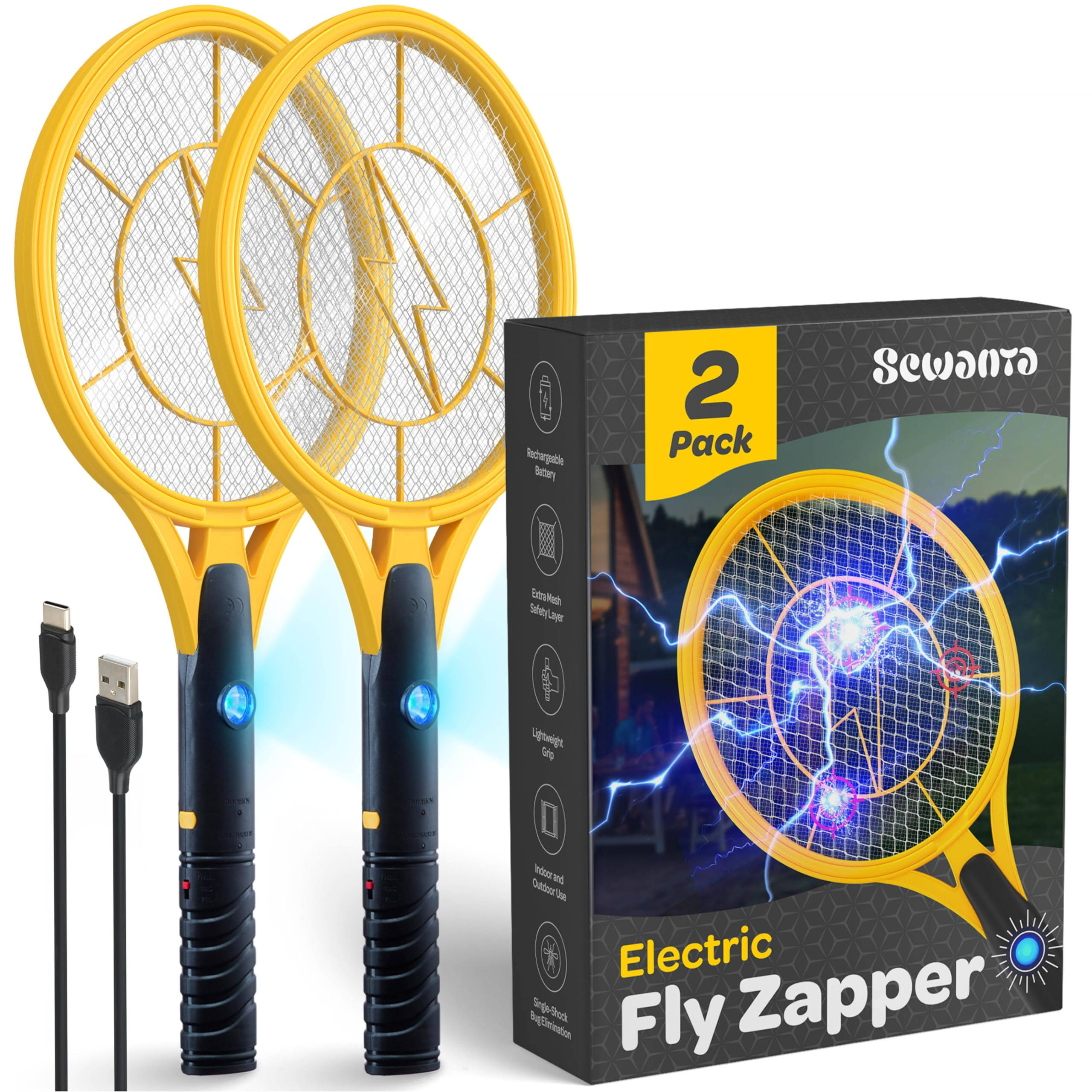 Sewanta Electric 4000 Volt Fly Swatter [Set of 2] Handheld Bug Zapper Racket for Indoor/Outdoor - Instant Bug & Mosquito Killer with Att