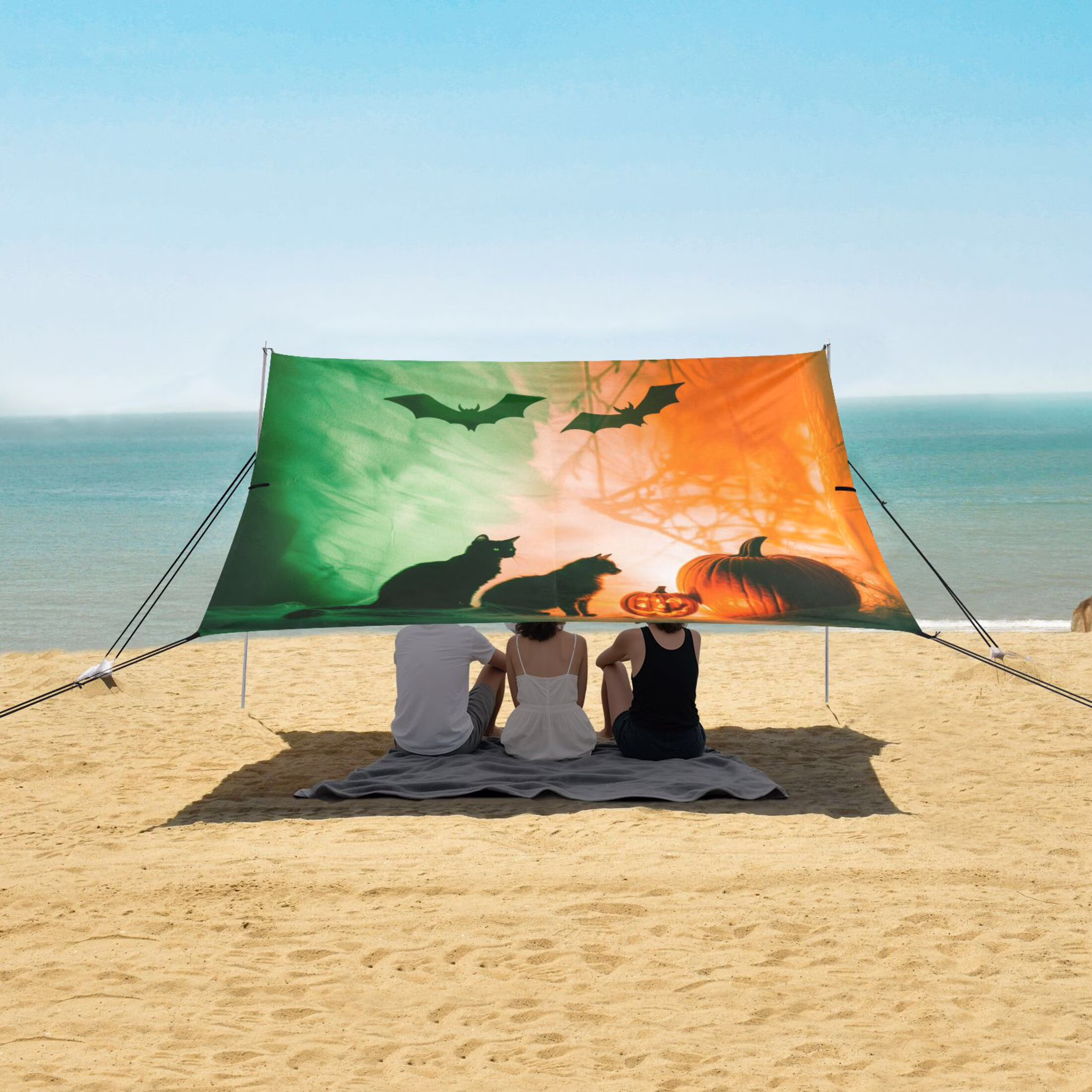 Beach Tent Beach Canopy 9.2x10.5Ft Beach Tent Sun Shelter Outdoor Canopy with Carry Bag for Camping, Backyard and Picnics Black Bat and Cat