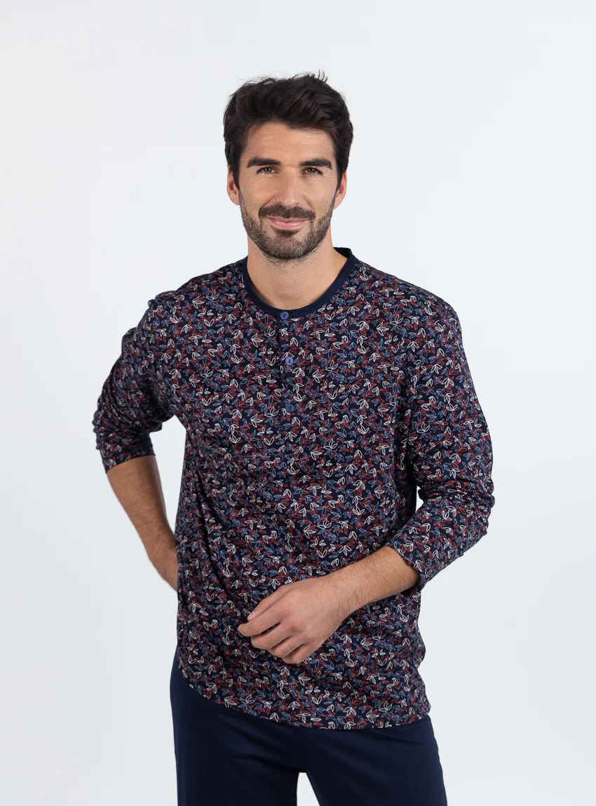 Pyjama homme en coton  imprimé feuilles rouges