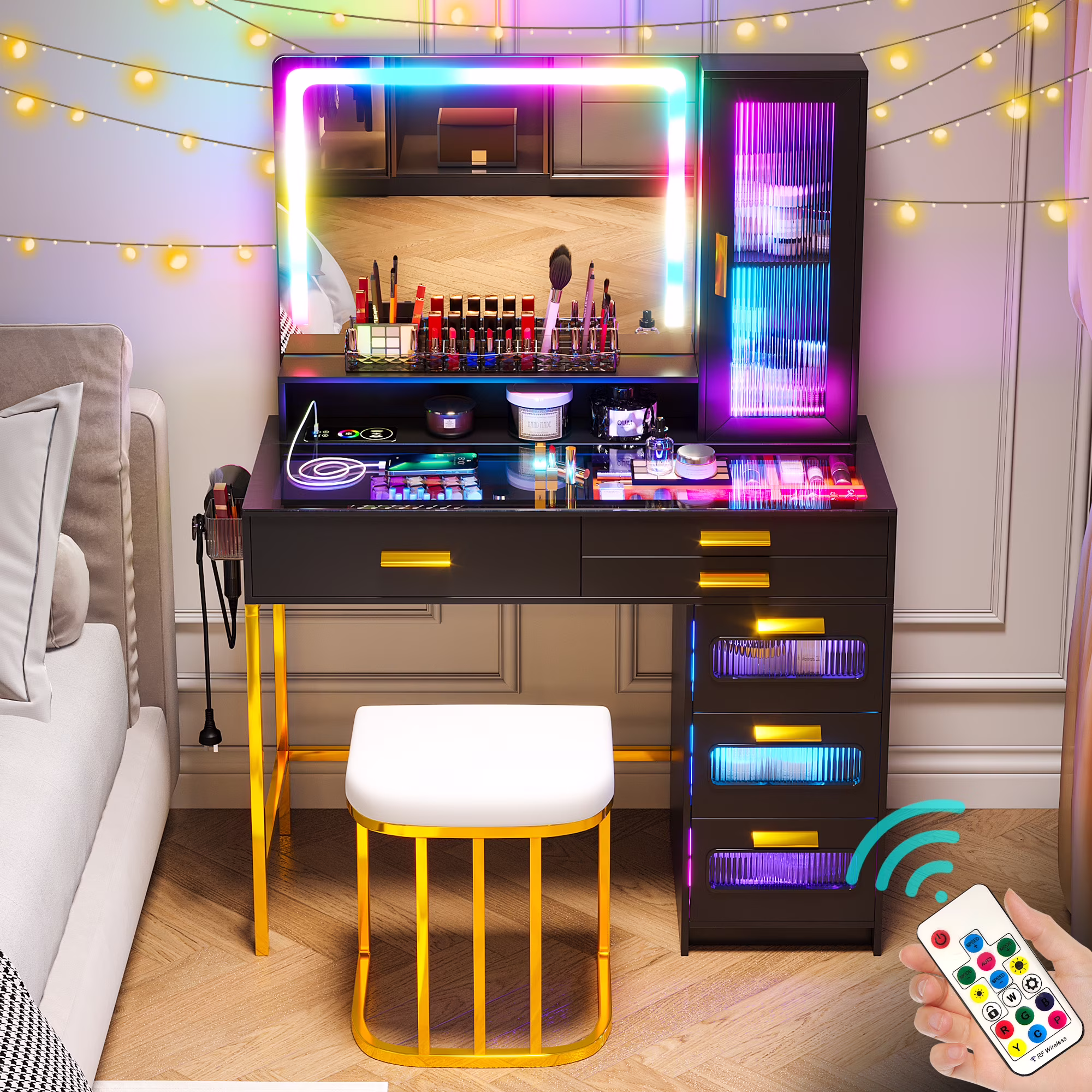 Vanity Desk with Mirror and RGB Lights, Glass Top Makeup Vanity with Auto Sensor Lights and Wireless Charging, Vanity Table Set with Cushion Stool, Dressing Table with 6 Drawers (White)(White) - Image 5