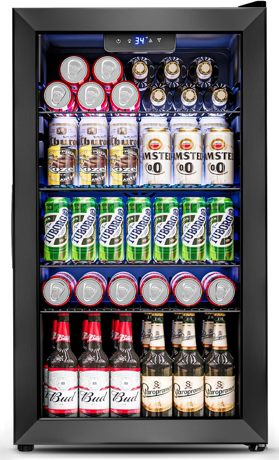Réfrigérateur à boissons avec porte vitrée, 126 canettes, idéal pour les sodas, bières et vins.
