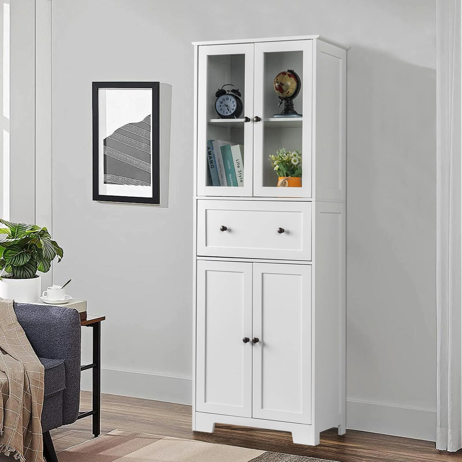 Ktaxon 64" Tall Bathroom Storage Cabinet Organizer, Freestanding Kitchen Pantry Cabinet Line Tower with 2 Glass Doors, Large Drawer 4 Adjustable Shelves for Dining Room Living Room Home Office,White Image 5