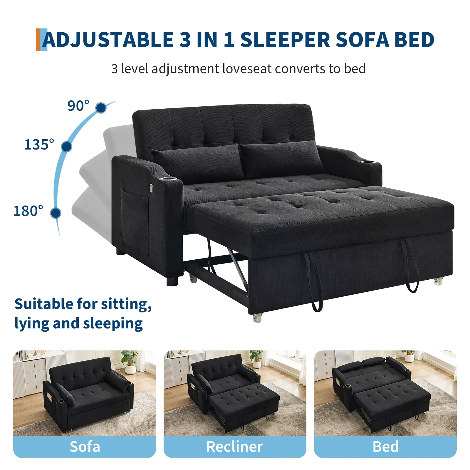 3 in 1 Convertible Sleeper Sofa Bed, Corduroy Futon Couches with Pull-Out Bed, Adjustable Backrest, Charging Port Side Pockets, Modern Upholstered Sofa for Living Room, Guest Room(Queen/Corduroy | Black) - Image 6