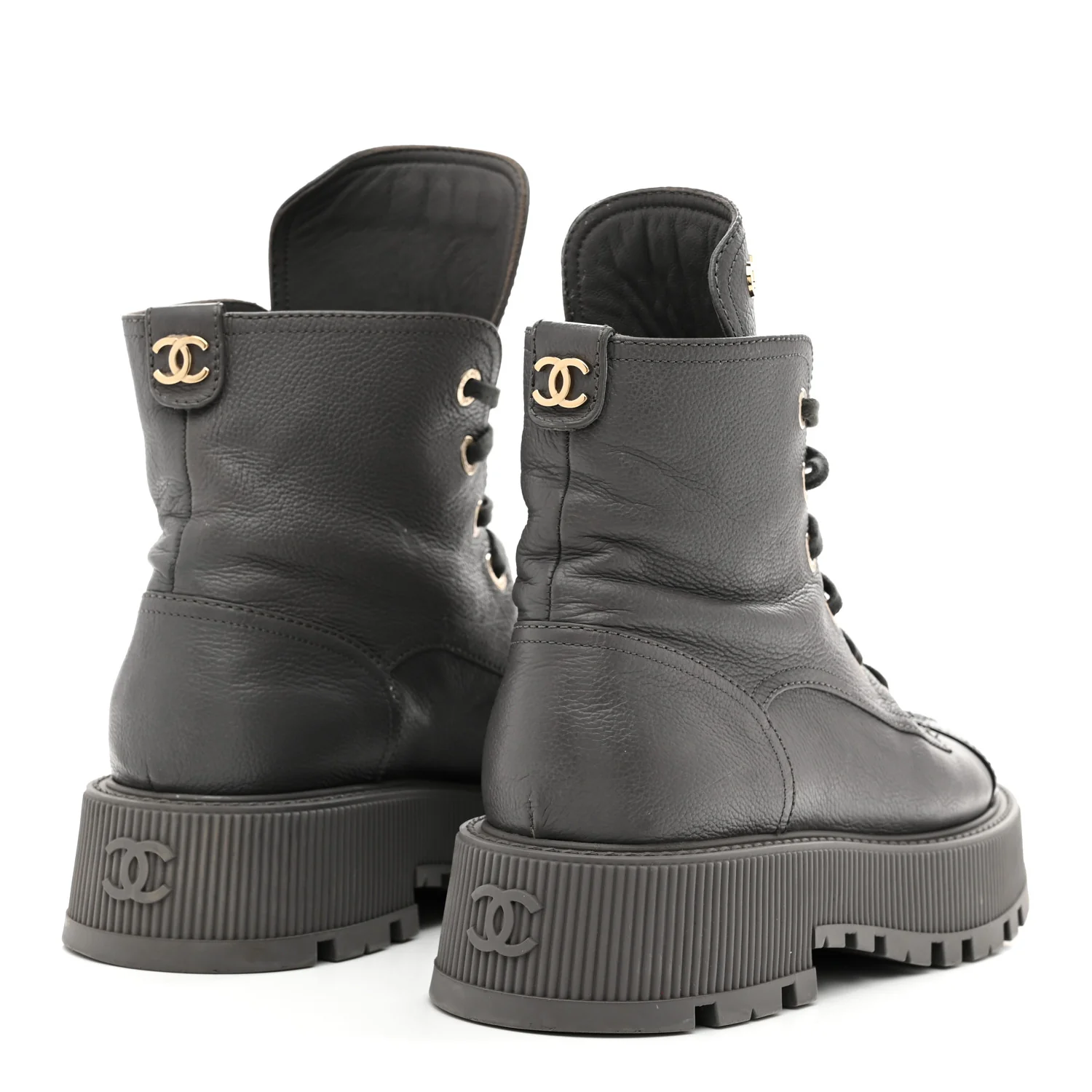 Calfskin CC Lace Up Combat Boots 39 Gray