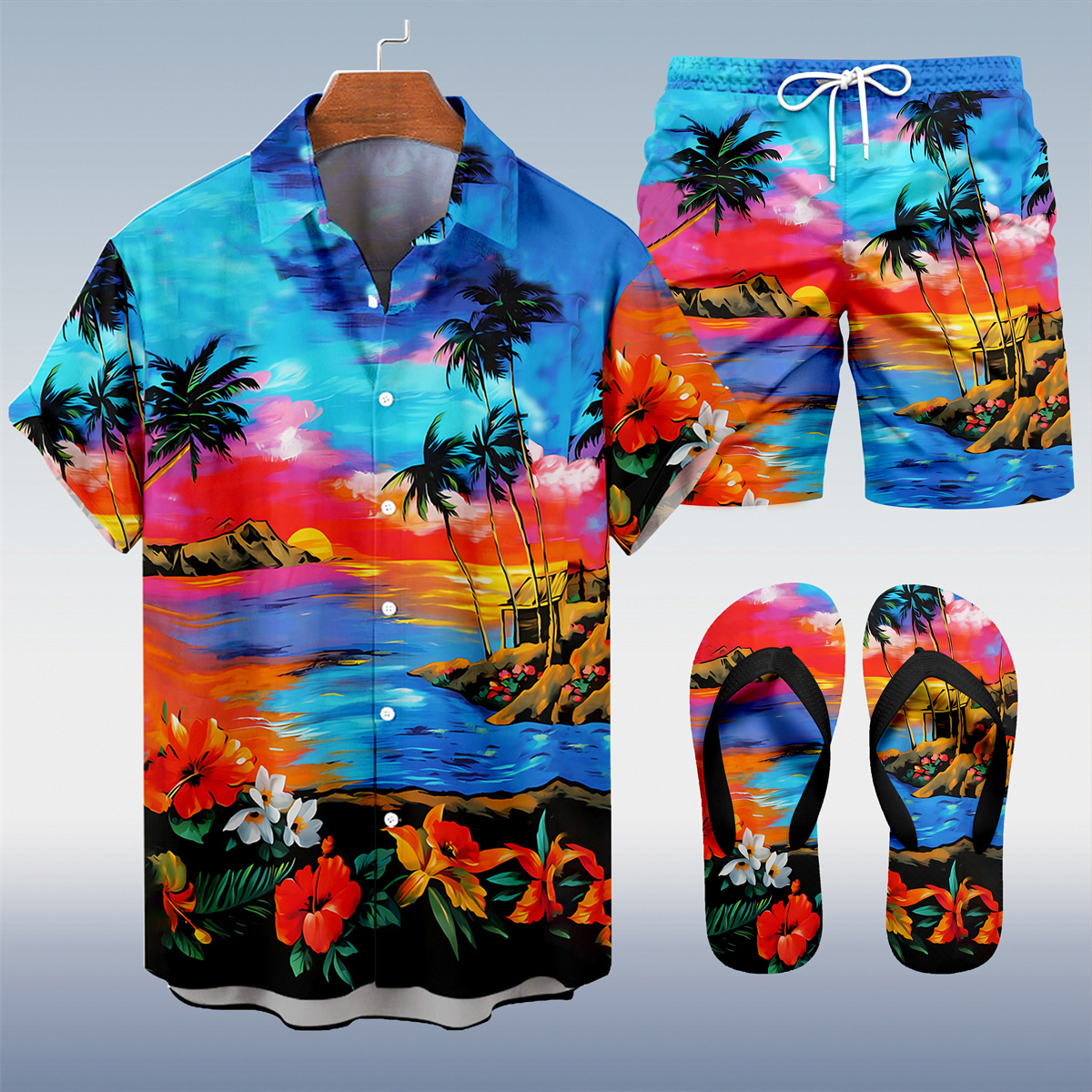 Ensemble trois pièces Suitmens pour homme, imprimé tiki hawaïen, motif vacances 036