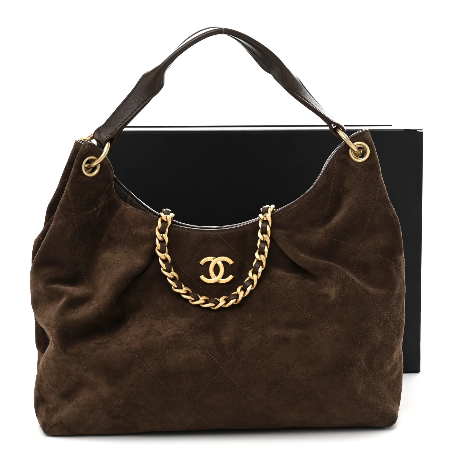 Suede Calfskin Lambskin Quilted Large Maxi Hobo Dark Brown
