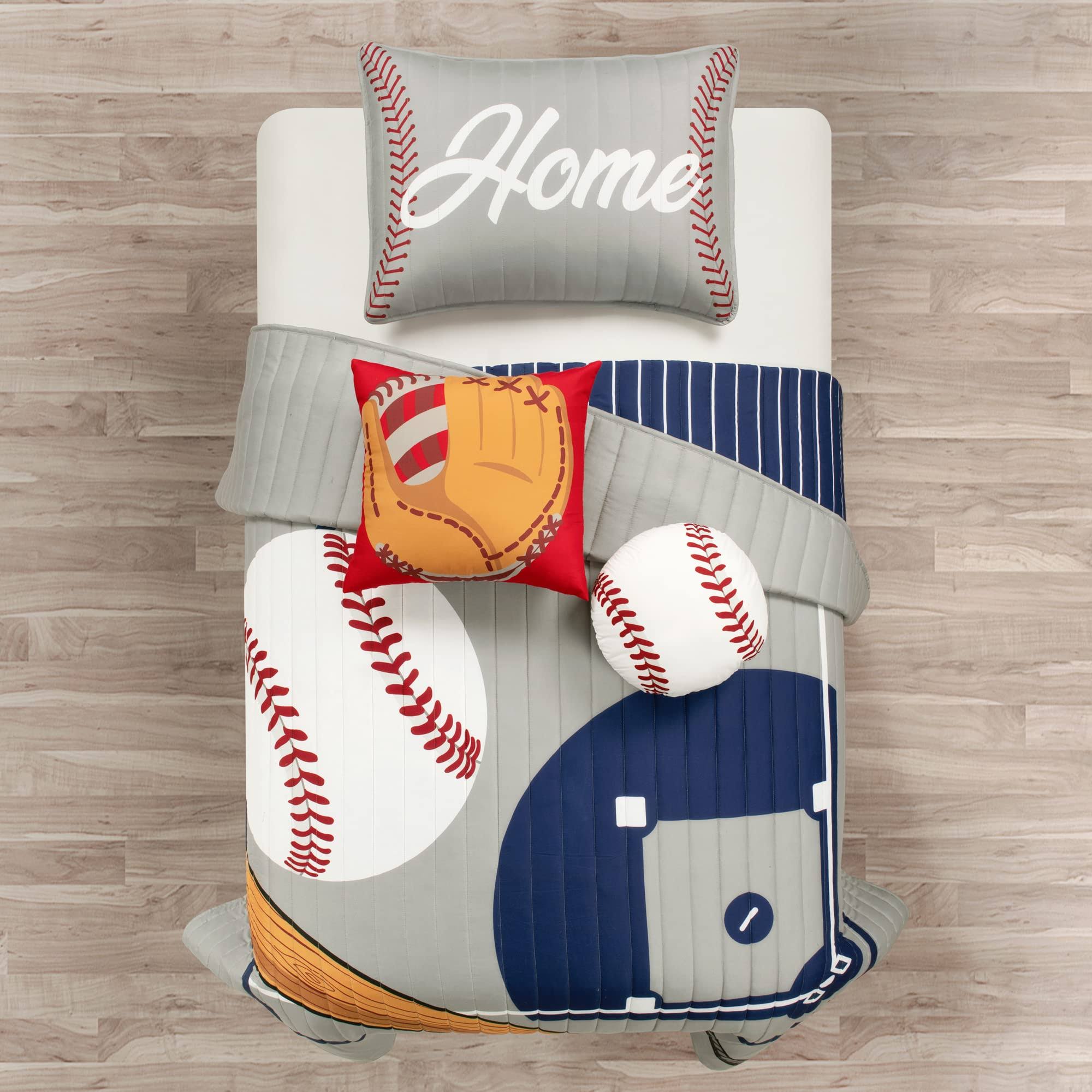 Lush Decor Baseball Game Reversible Oversized Kids Quilt Gray/Navy 4pc Set Twin