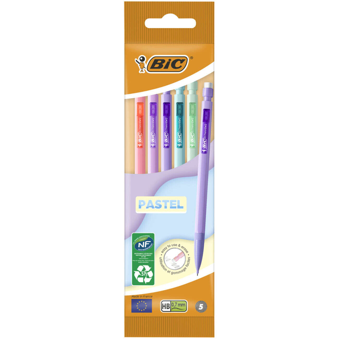 Stylo critérium HB 0,7mm x5 Bic Matic pastel avec gomme intégrée L15cm