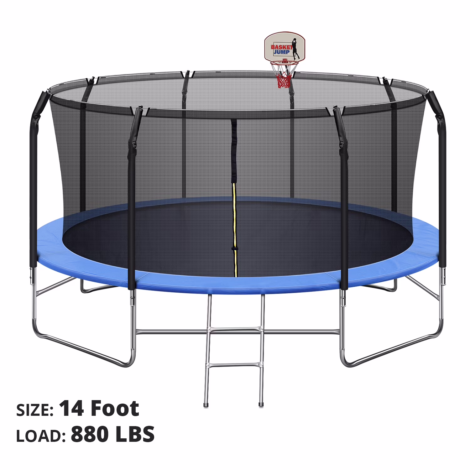 14FT Trampoline for Kids, Trampoline with Basketball HoopSafety Enclosure Net, 880LBS Capacity 4 Kids, Waterproof Mat and Ladder, Outdoor Backyard Trampoline