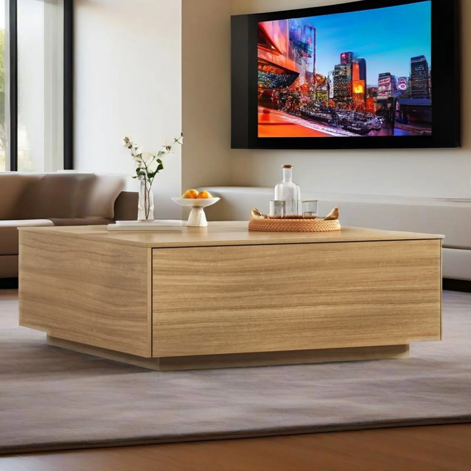 Square Coffee Table with 2 Large Drawers, 43" Mid Century Modern Coffee Table with Storage, Wood Cocktail Table Center Table with Storage for Living Room, Wood Grain(43"/Light Brown) - Image 8