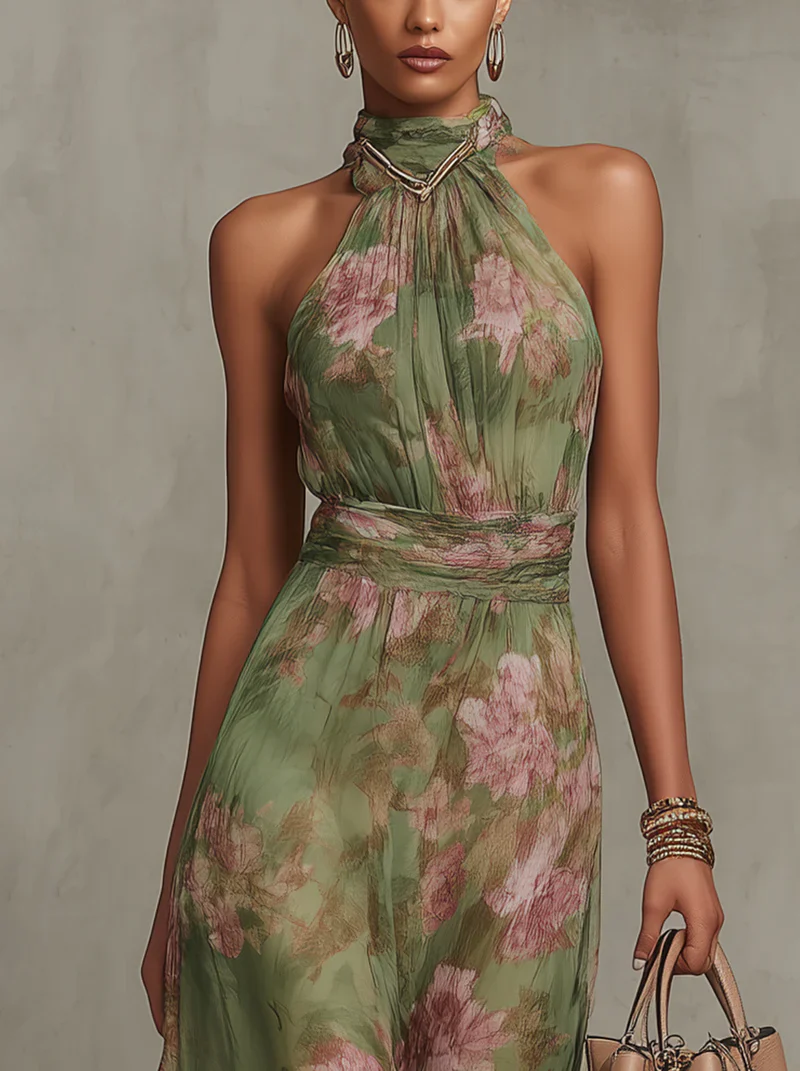 Robe longue en mousseline à fleurs vertes avec col licou
