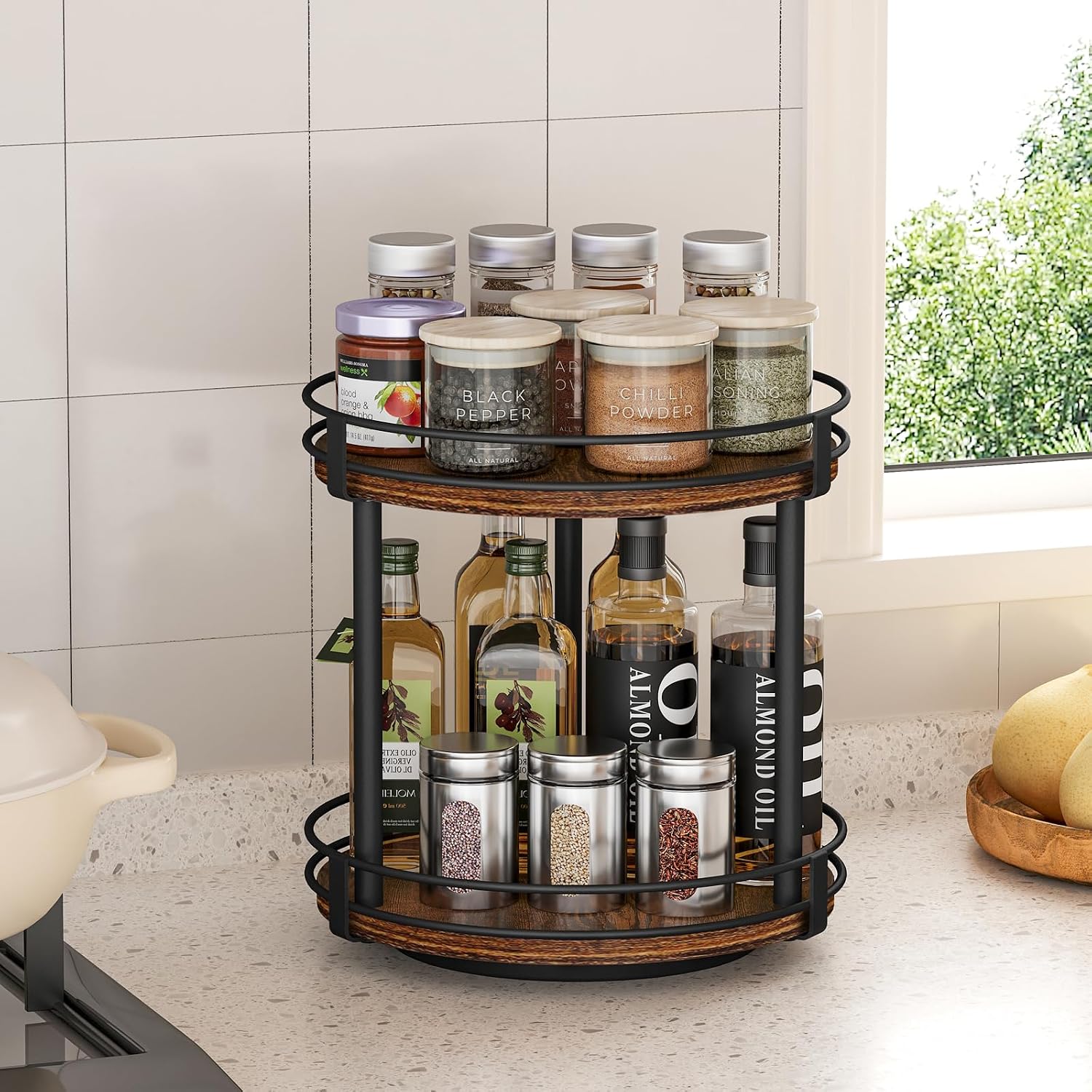 Snughome Rotating Spice Rack, 2 Tier Lazy Susan Organizer, Wood Kitchen Countertop Organizer, Brown Lazy Susan Turntable for Cabinet, 10.2