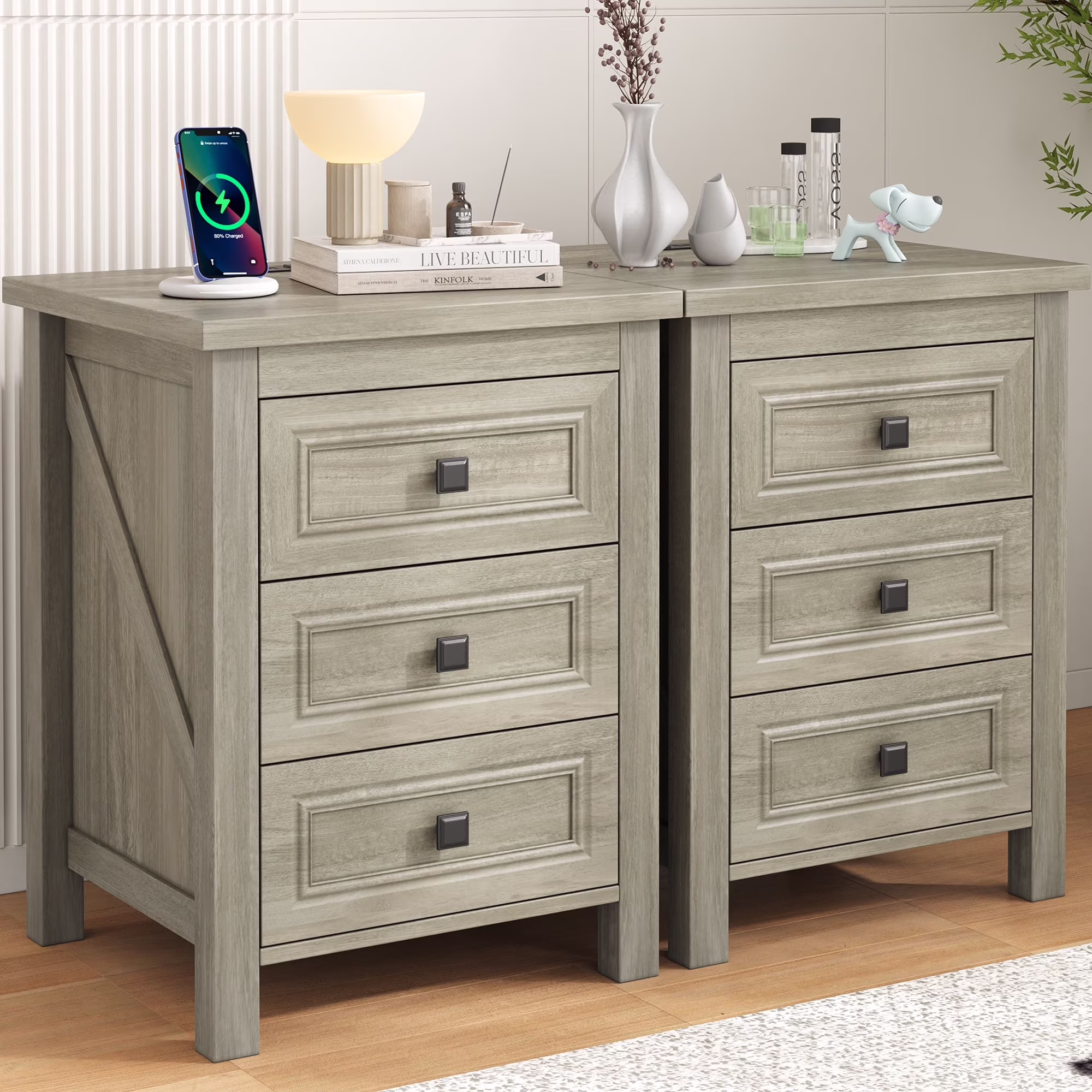 Nightstand, Bedside Table with Charging Station, Farmhouse 3 Drawer Nightstand Rustic Night Stand End Tables for Bedroom Living Room,Gray(Gray-1PCS) - Image 6