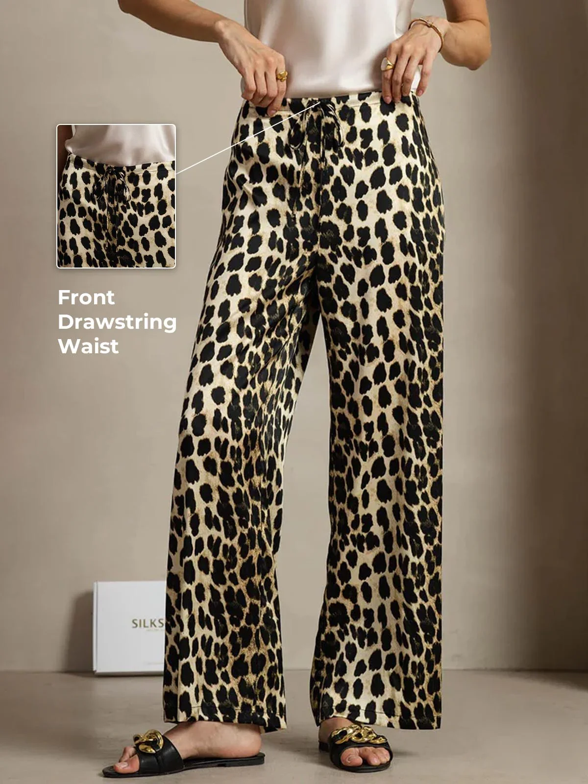 19Momme Silk Leopard Print Wide Leg Women's Pants With Side Pockets Design