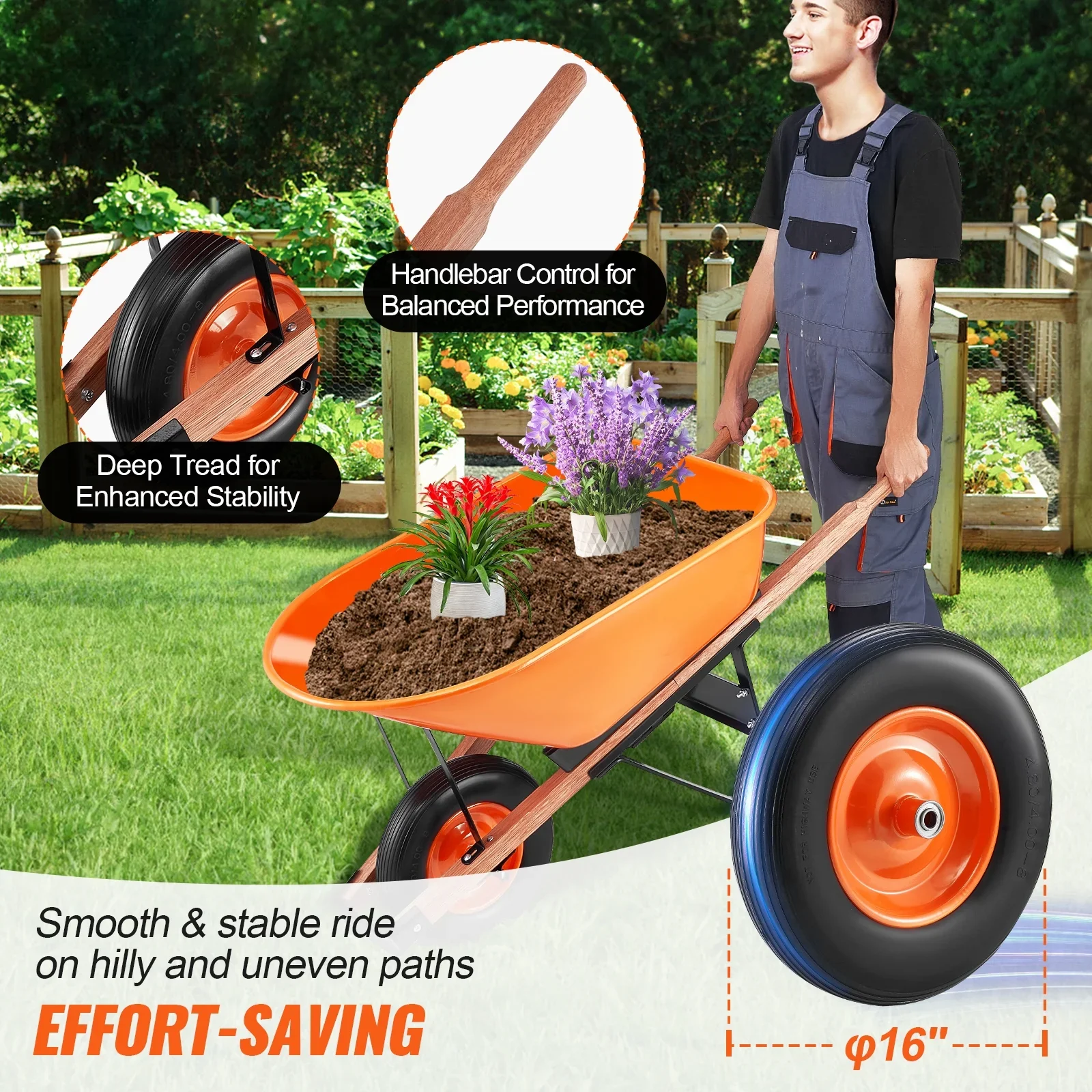 KFFKFF 6 Cu. Ft. Utility Cart, 330 lbs Load, Single Wheel Yard Dump Cart with Steel Handle & 16-inch Broad Track Wheels, Simplified Loading for Garden, Lawn & Farm Use