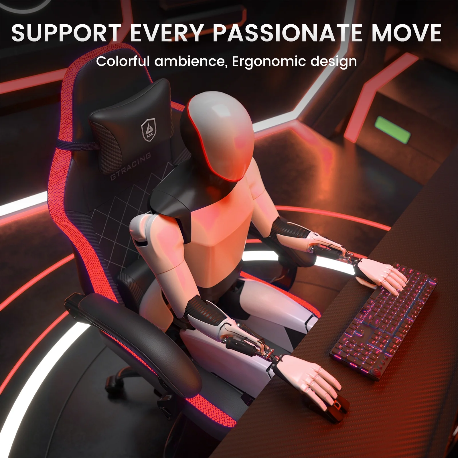 RGB Ergonomic Gaming Chair with Massage, LED Lights, Footrest, Lumbar Support and Backrest, Black - Image 3