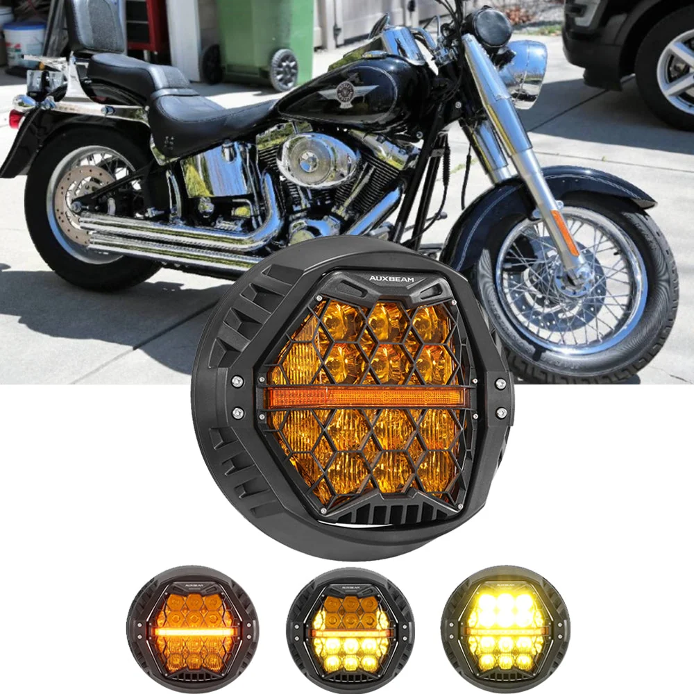 7 Inch 120W DOT Motorcycle LED Headlight Assembly with Amber DRL & Honeycomb Design (Hi/Lo Beam) for 2001-2006 Fat Boy EFI FLSTFI