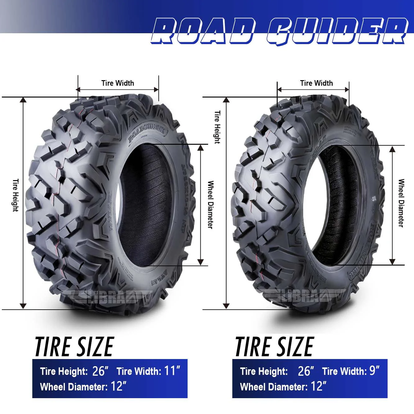 Set 4 Roadguider ATV UTV Tires 26x9 - 12 26x9x12 Front & 26x11 - 12 26x11x12 Rear 6PR