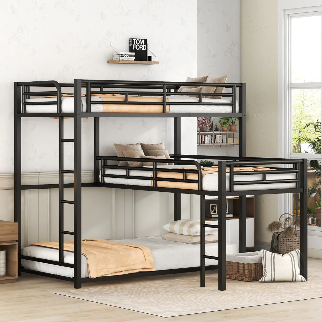 L Shaped Triple Bunk Bed for 3, Metal Triple Twin Size Bunk Beds Frame with Integrated ladder and Full-length Guardrails, Corner Triple Bunk Beds for Kids,Teens and Adults, Black - Image 3