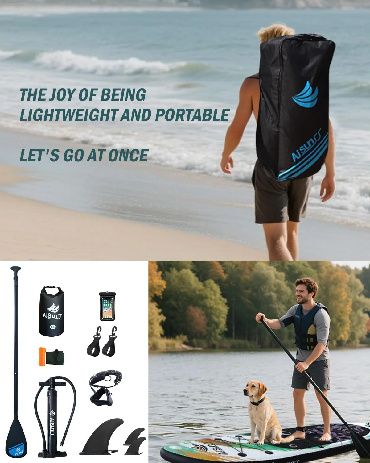 Planche de SUP gonflable large avec sac de transport, pompe à main et sac étanche de 10 L