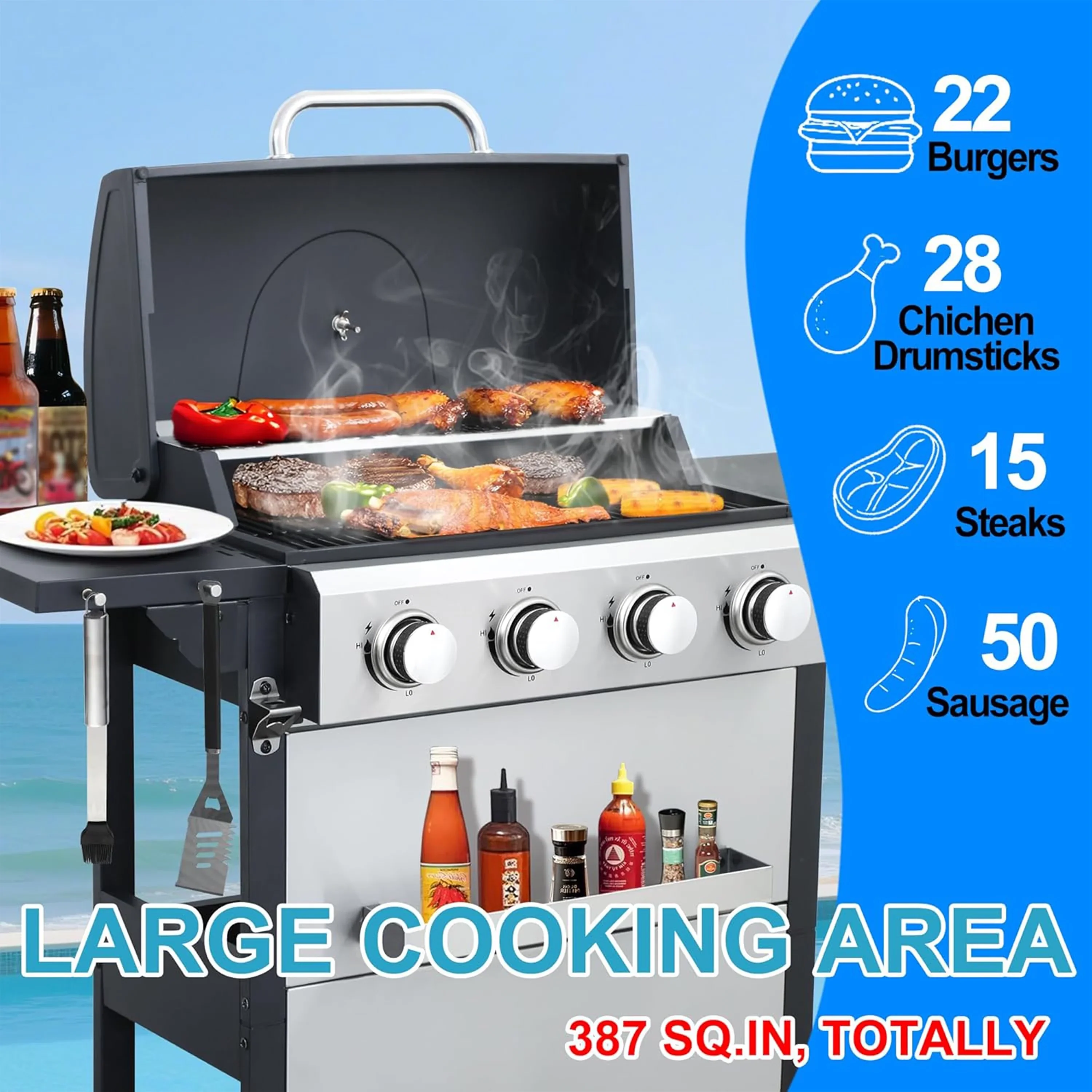 Furnibear 4 Burner BBQ Propane Gas Grill, Stainless Steel 34,000 BTU Patio Garden Barbecue Grill with Two Foldable Shelves
