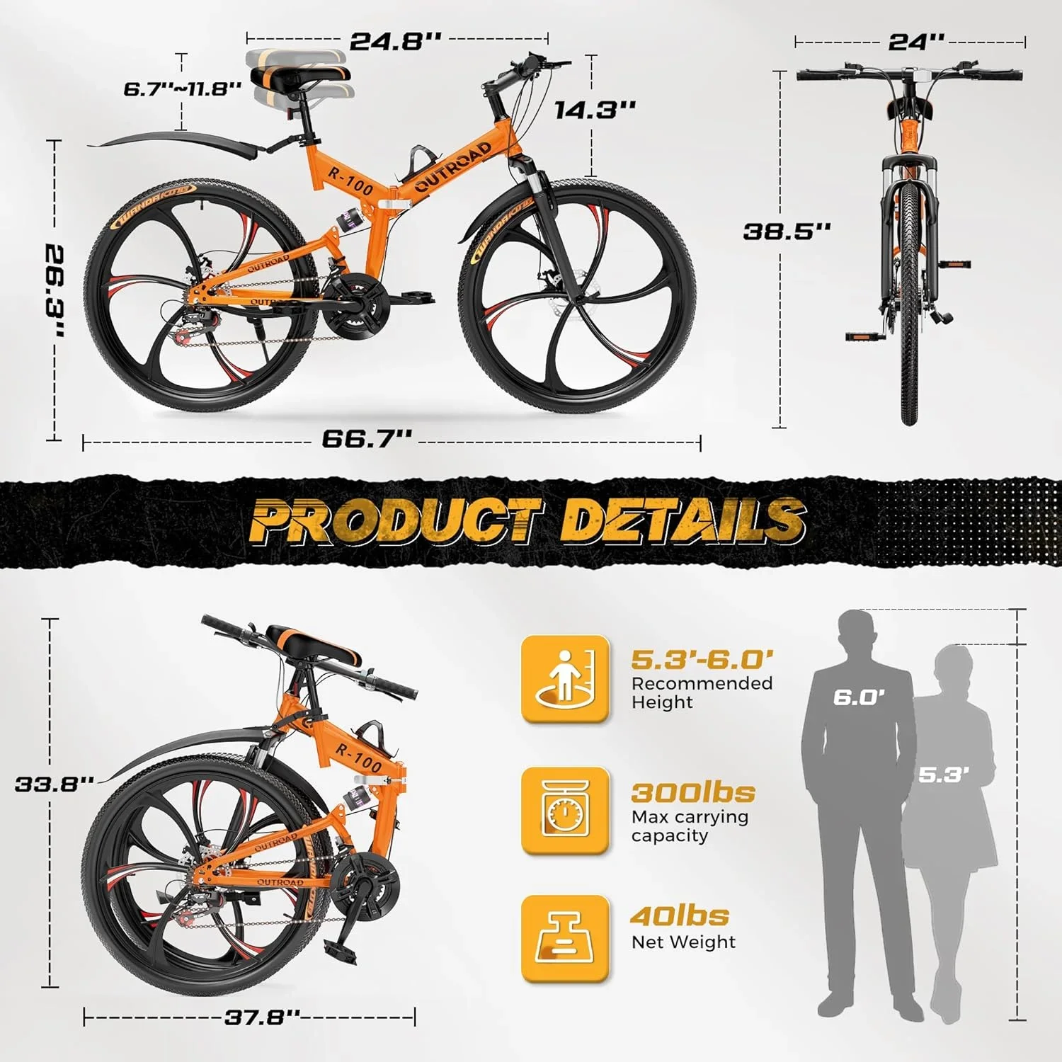 SUNCROWN 26 Inch Folding Mountain Bike, 21 Speed Full Suspension High-Carbon Steel MTB Foldable Bicycle, Dual Disc Brake Non-Slip Folding Bikes for Adults/Men/Women, Black