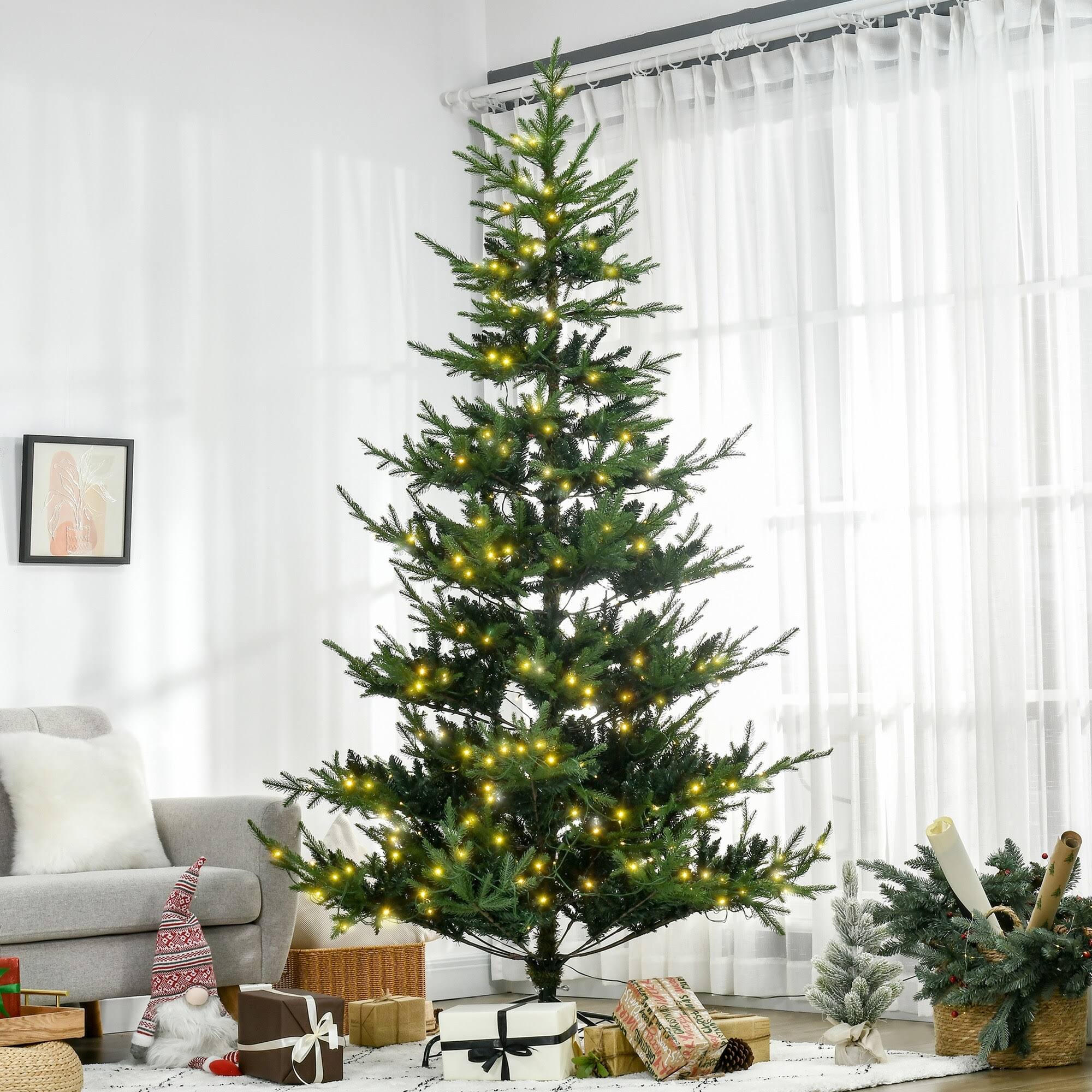 HOMCOM 8ft Prelit Artificial Christmas Tree with 1026 Realistic Branches, Warm White LED Lights, Auto Open, Green