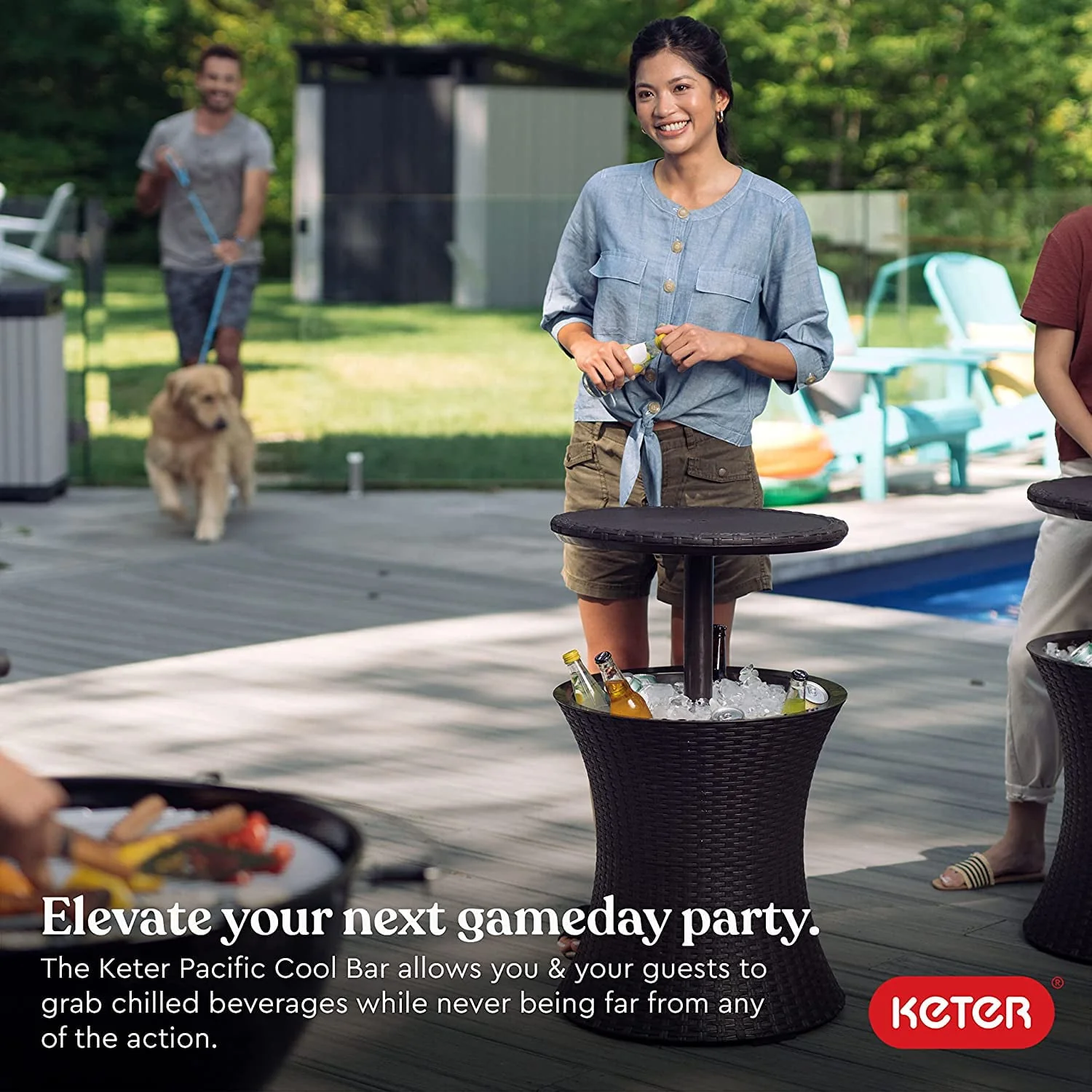 Keter Pacific 7.5 Gallon Cool Bar, Resin Outdoor Patio Beverage Cooler Table, Extra Storage, Rattan Look Brown