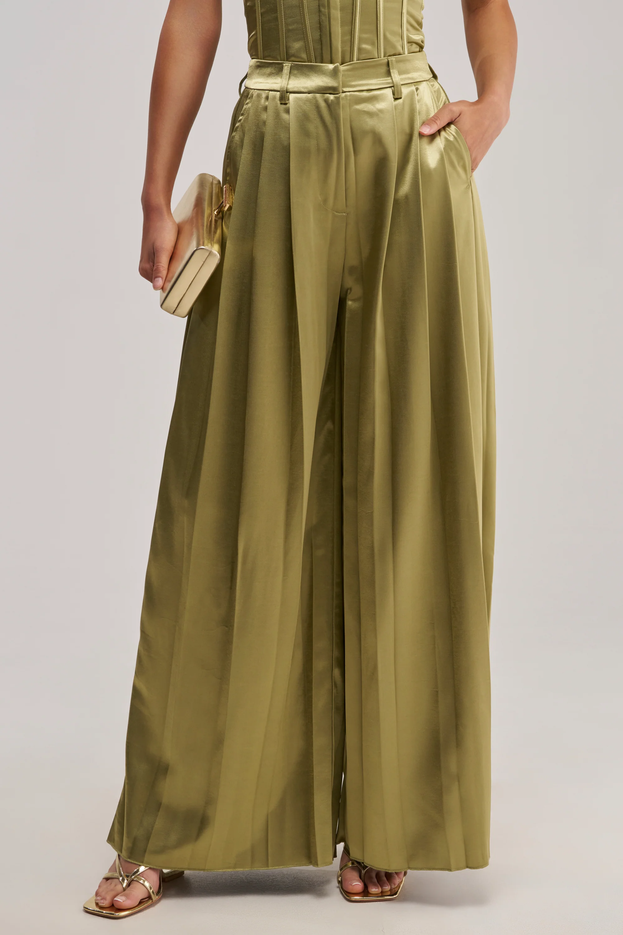 IRIS SATIN PLEATED PANT IN OLIVE - Akira Store