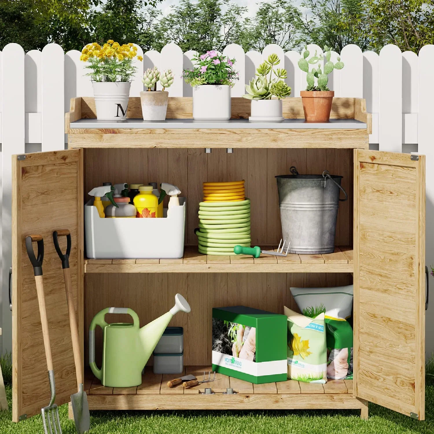 Lofka Outdoor Storage Cabinet, Outdoor Potting Bench Table with Removable Shelves for Yard, Garden,  Waterproof Wood
