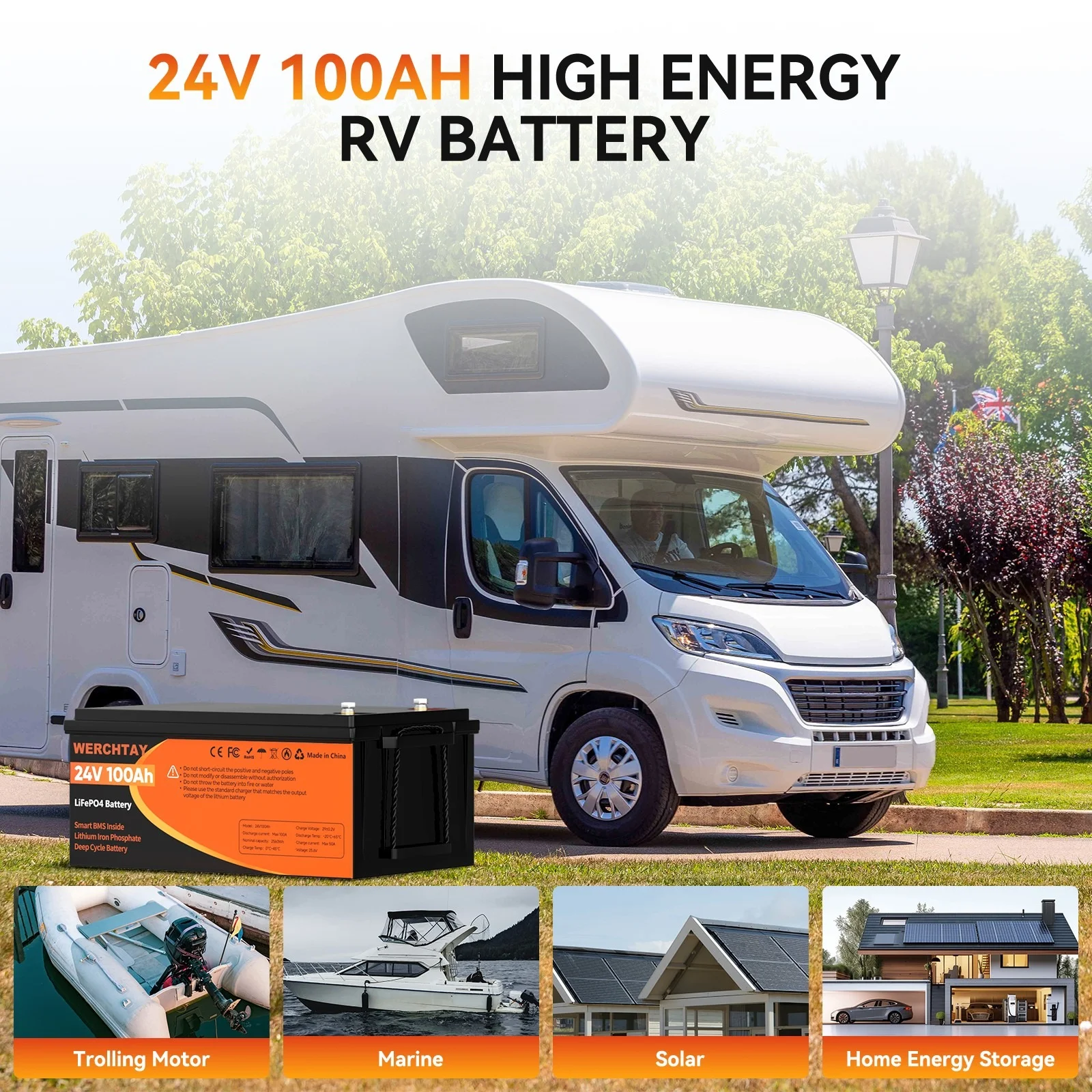 24V 100Ah LiFePO4 Battery, Lithium Battery Built-in 100A BMS, 4000 Deep Cycles Rechargeable Battery, Max. 2560W Load Power, Perfect for RV, Solar, Marine, Overland/Van, Off-Grid - Image 8