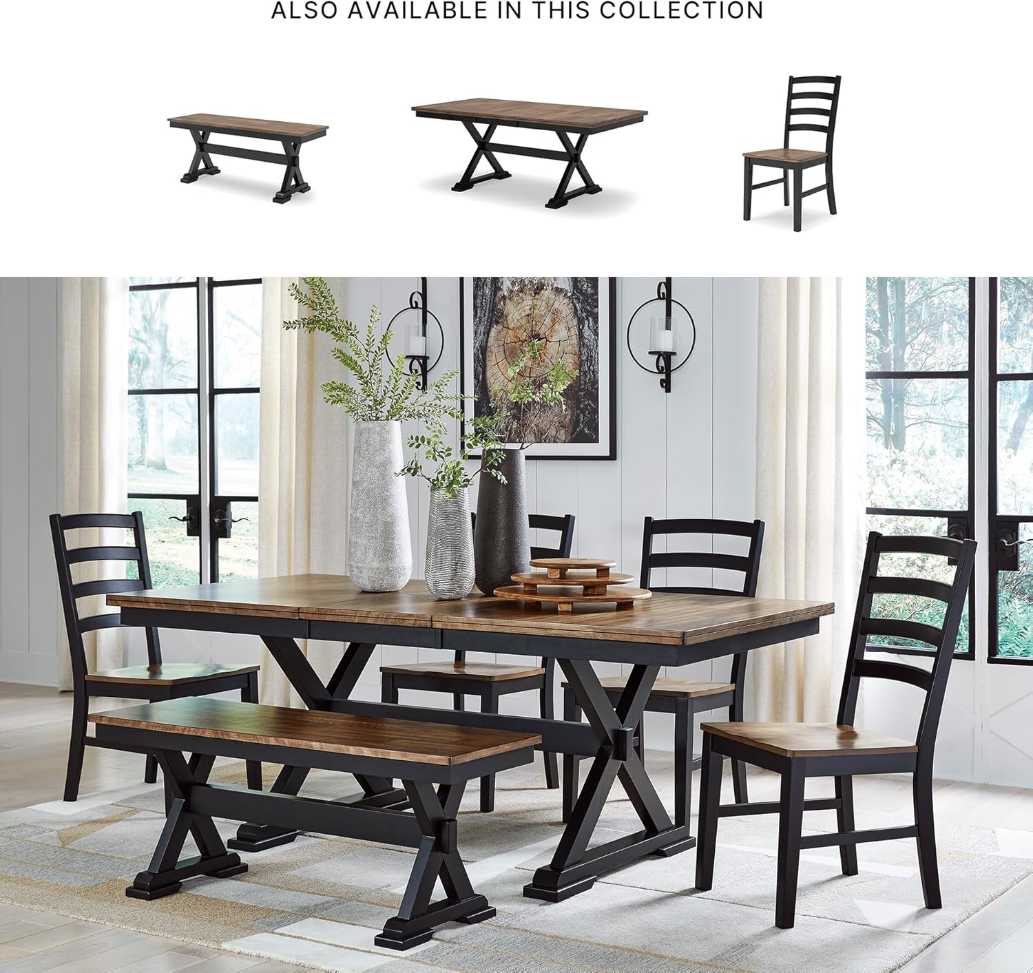 Signature Design by Ashley Wildenauer Farmhouse Dining Extension Table, Dark Brown & Black